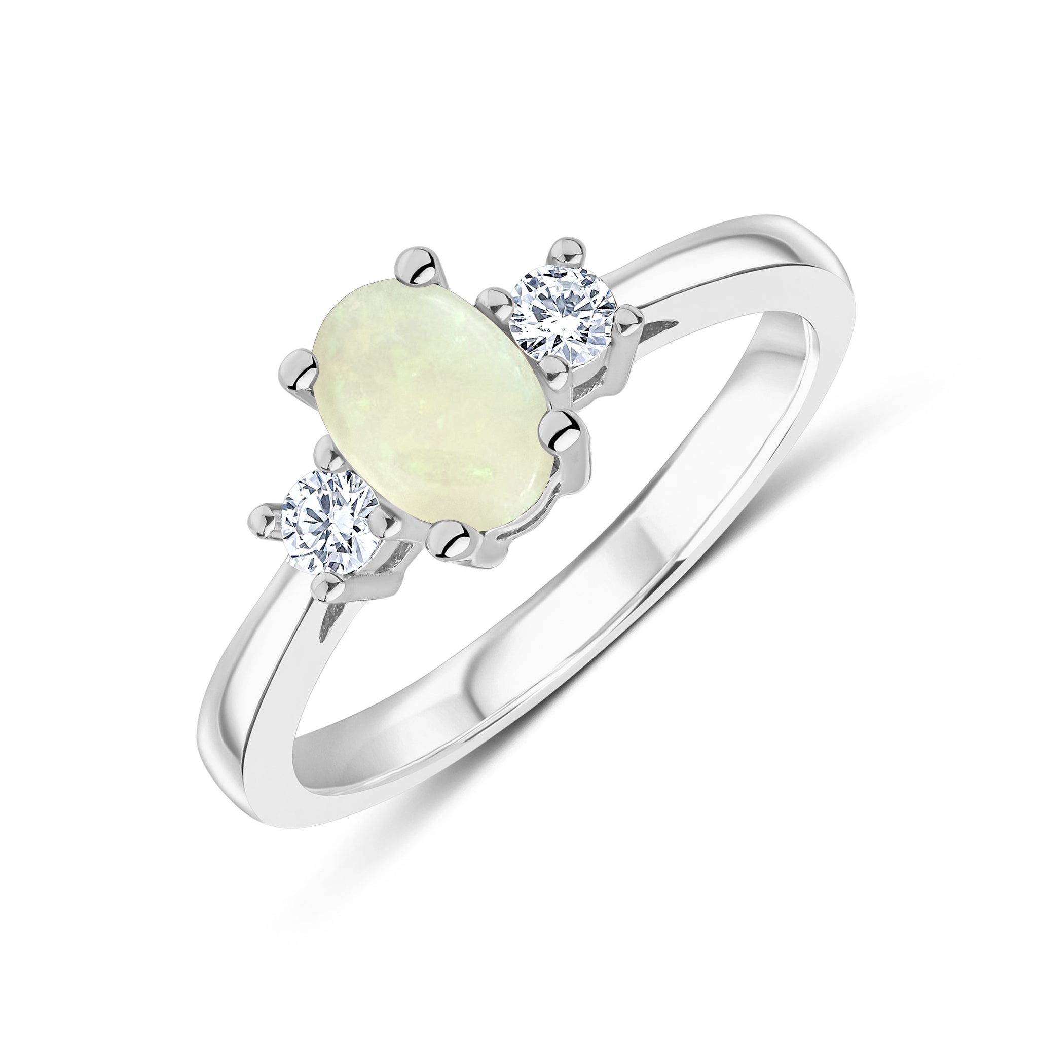 9ct White Gold 7x5 Oval Opal and Round Diamond Claw Set 3 Stone Ring