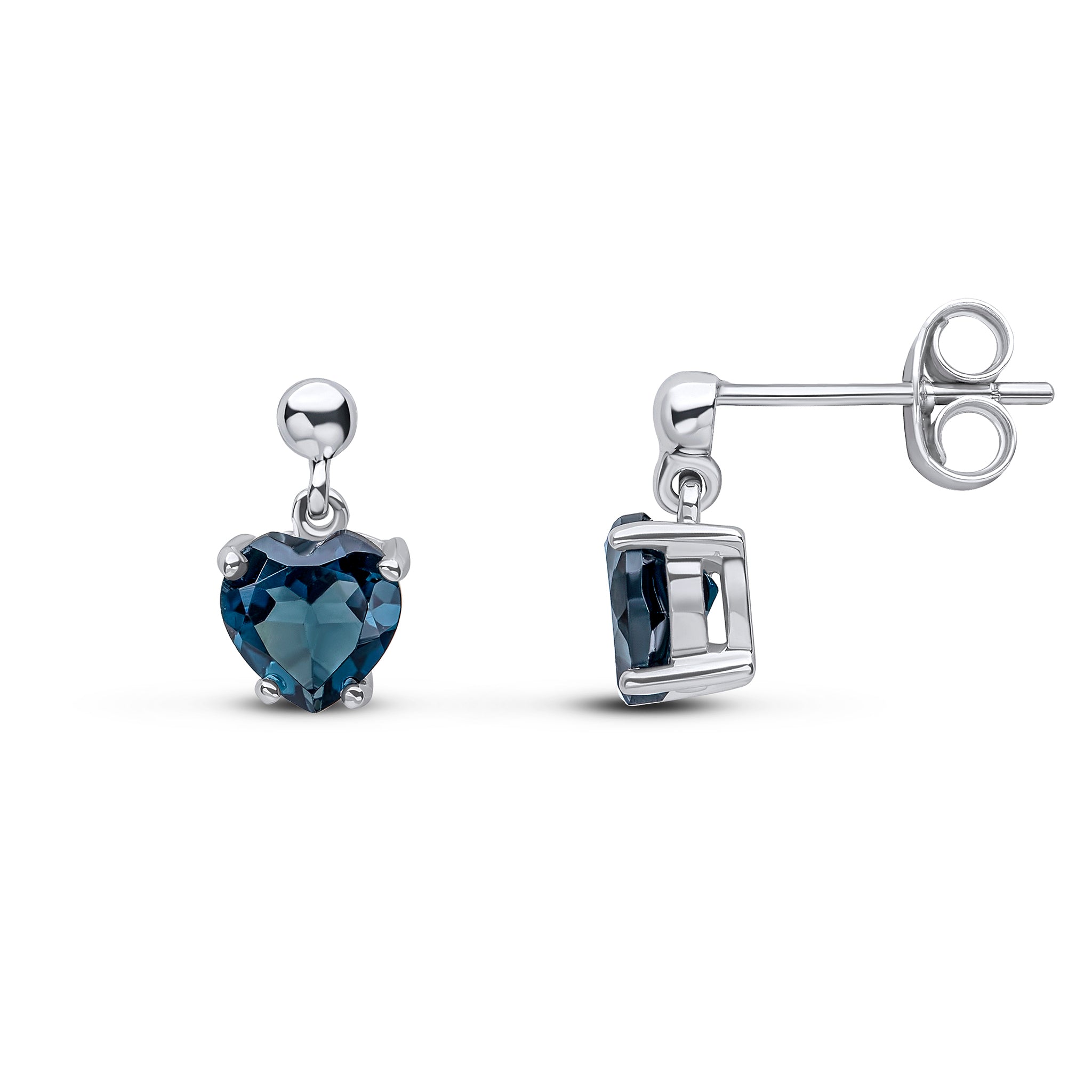 9ct White Gold 6mm Heart-Shape London Blue Topaz Claw Set Drop Earrings with 3mm Bead Top