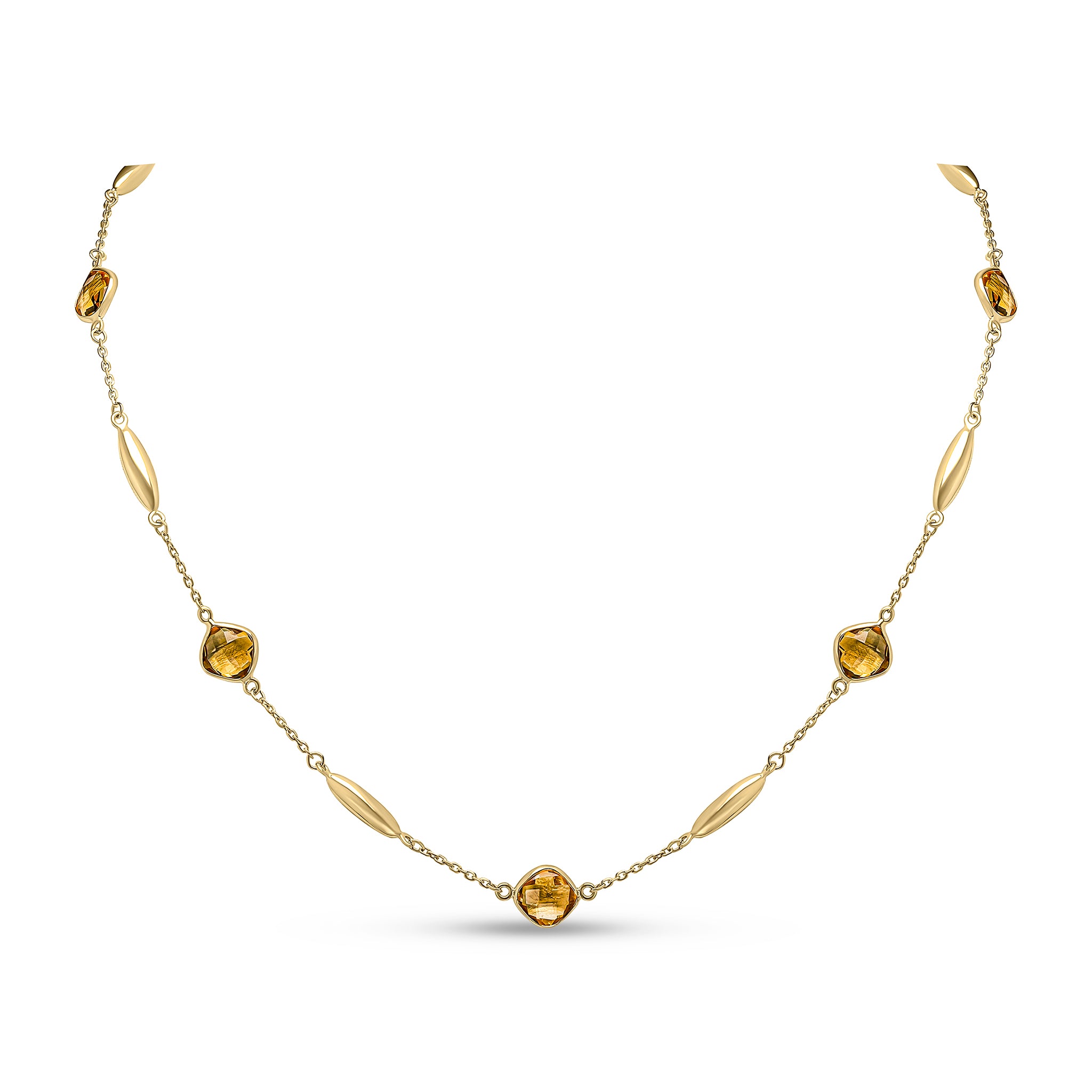 9ct Yellow Gold Checkerboard Cushion Citrine Polished Torpedo Motif and Chain Necklace