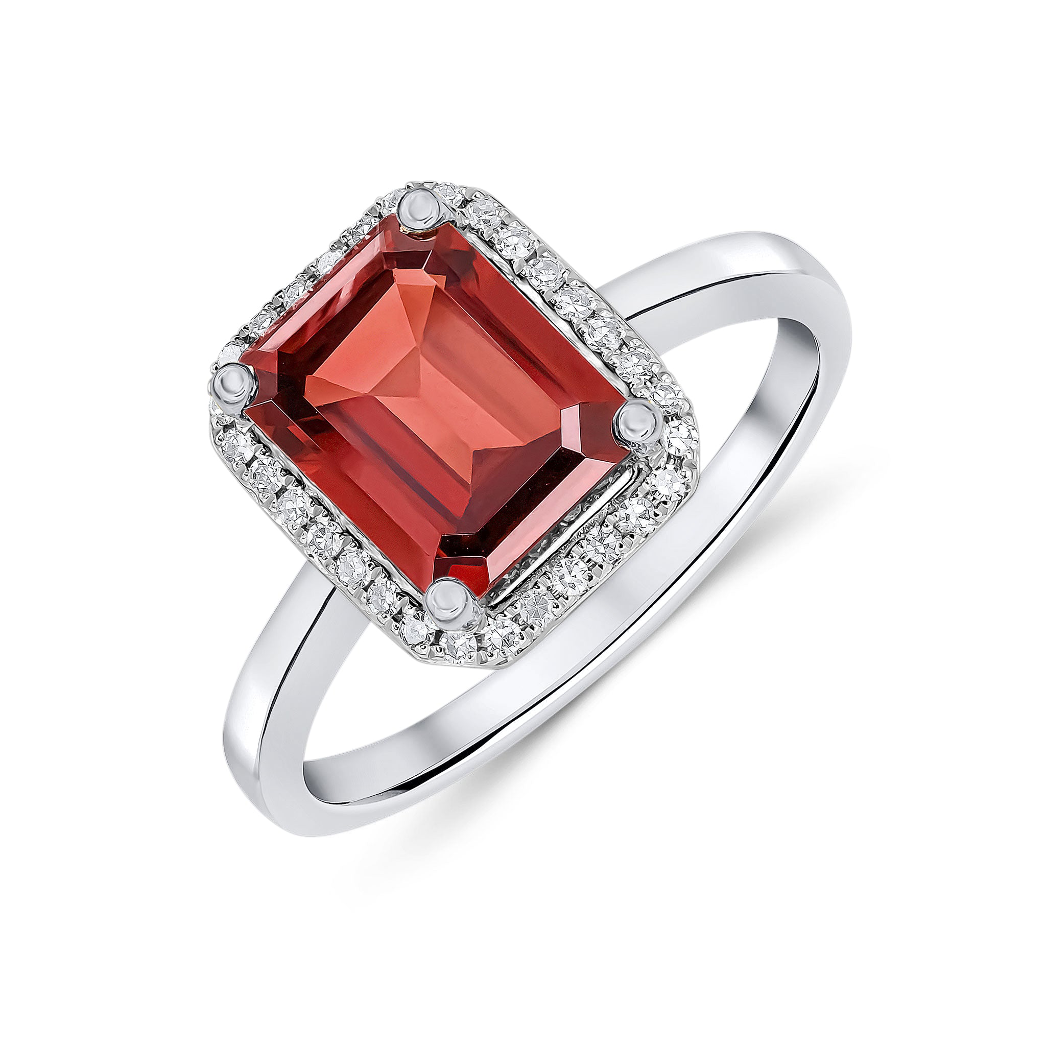 9CT WG 9X7 OCTAGON GARNET & DIAMOND CLAW SET CLUSTER RING 1