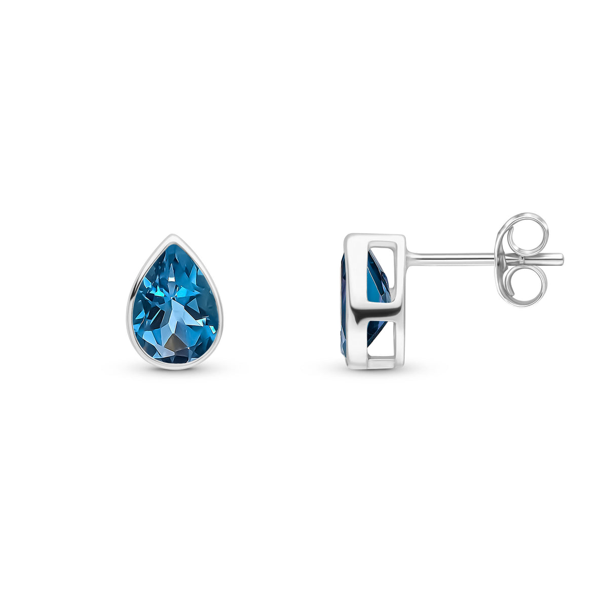 9ct White Gold 7x5 Pear Shape London Blue Topaz Rubover Set Earrings
