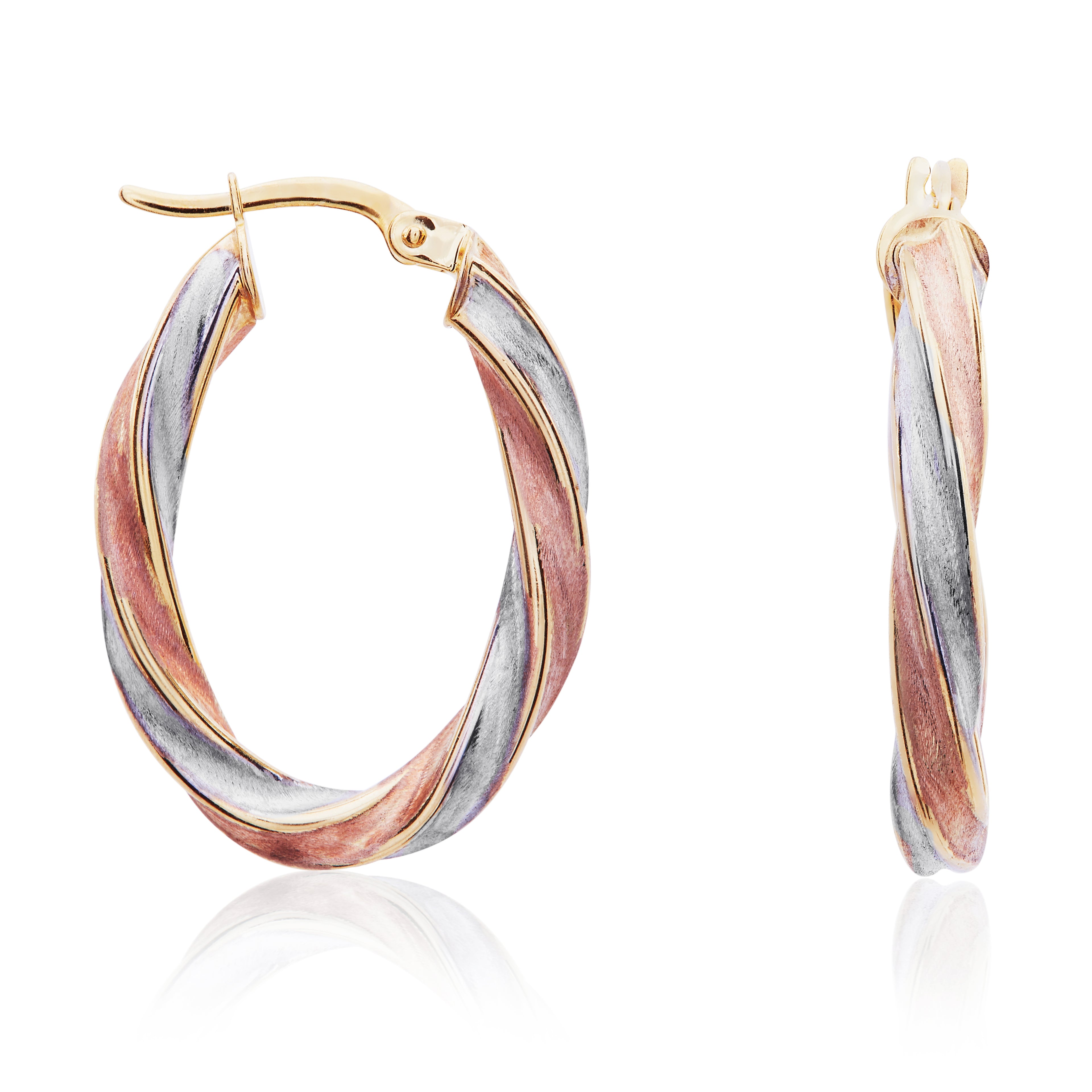 Three Tone 9ct Gold Oval Twist Hoop Earrings