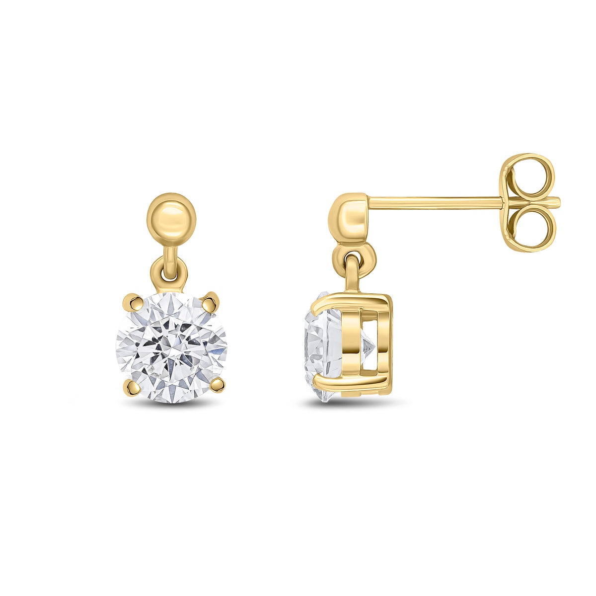 9ct Yellow Gold 6mm Round CZ Claw Set Drop Earrings with Bead Top