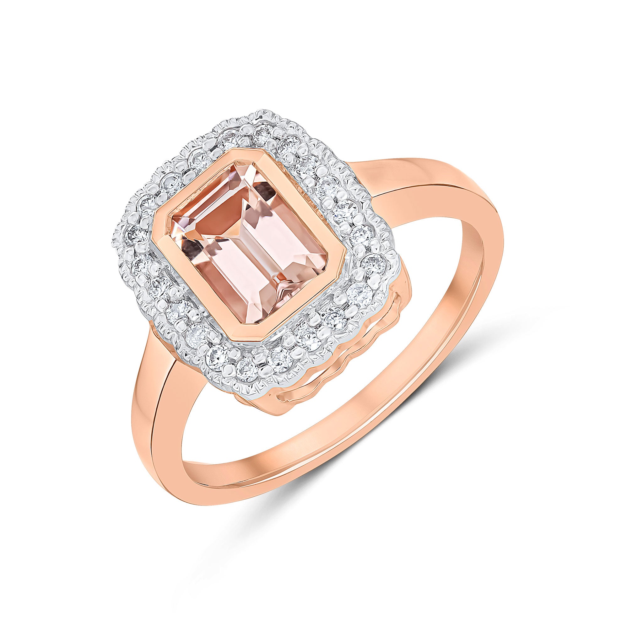 9CT RG RUBOVER 7X5 OCTAGON MORGANITE AND DIAMOND CLUSTER RING WITH MILLEGRAIN EDGE. RHODIUM TO DIAMONDS 1