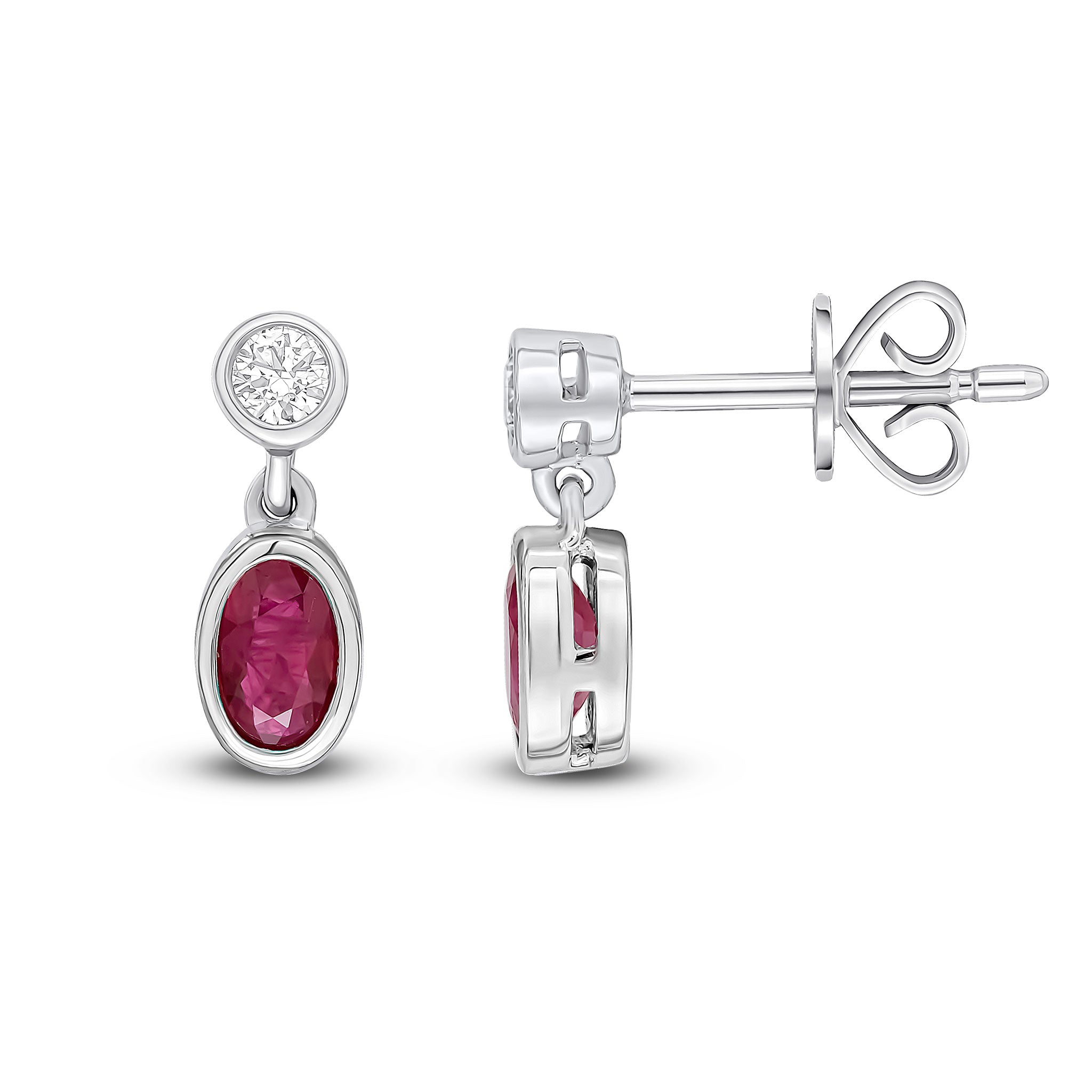 18ct White Gold Oval Ruby and Round Diamond 2 Stone Rubover Drop Earrings