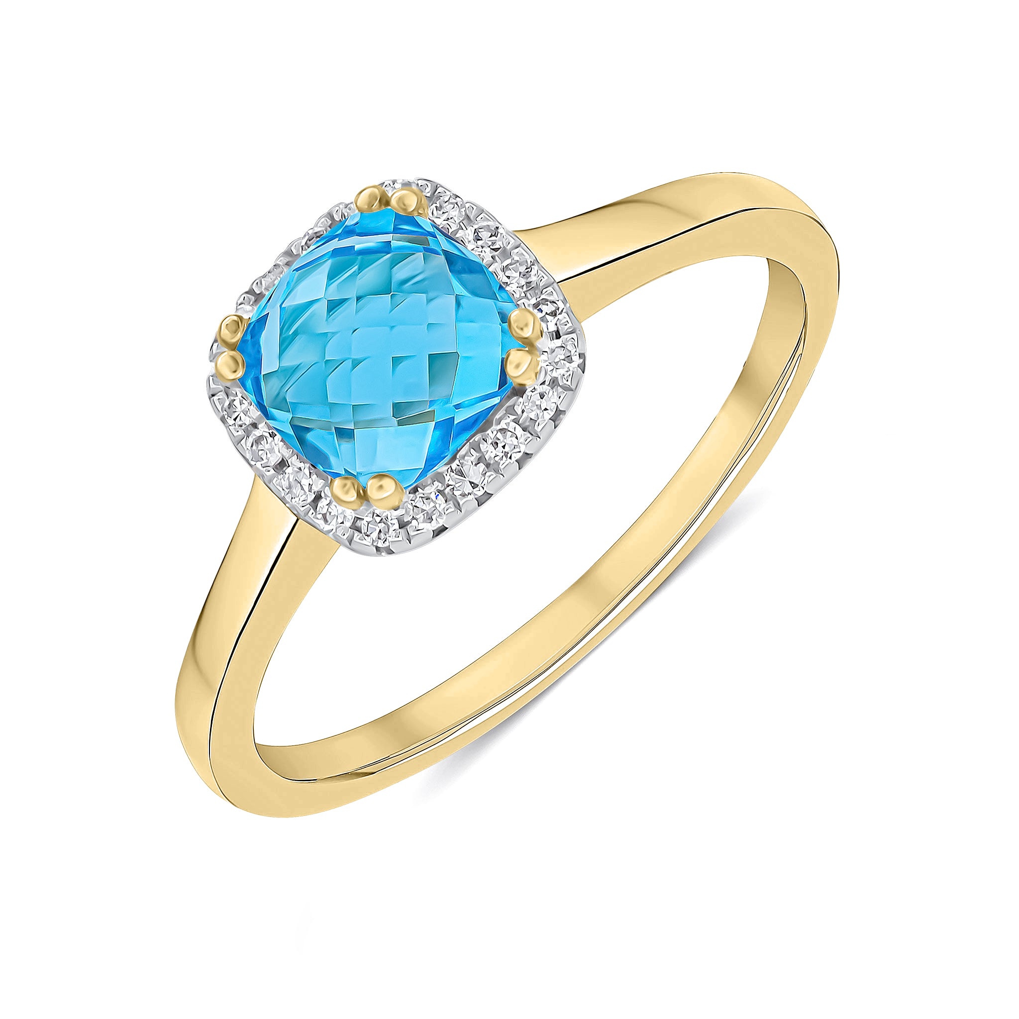 9CT YG 6MM CHECKERBOARD CUT CUSHION SWISS BLUE TOPAZ AND ROUND DIAMOND CLAW SET CLUSTER RING 1