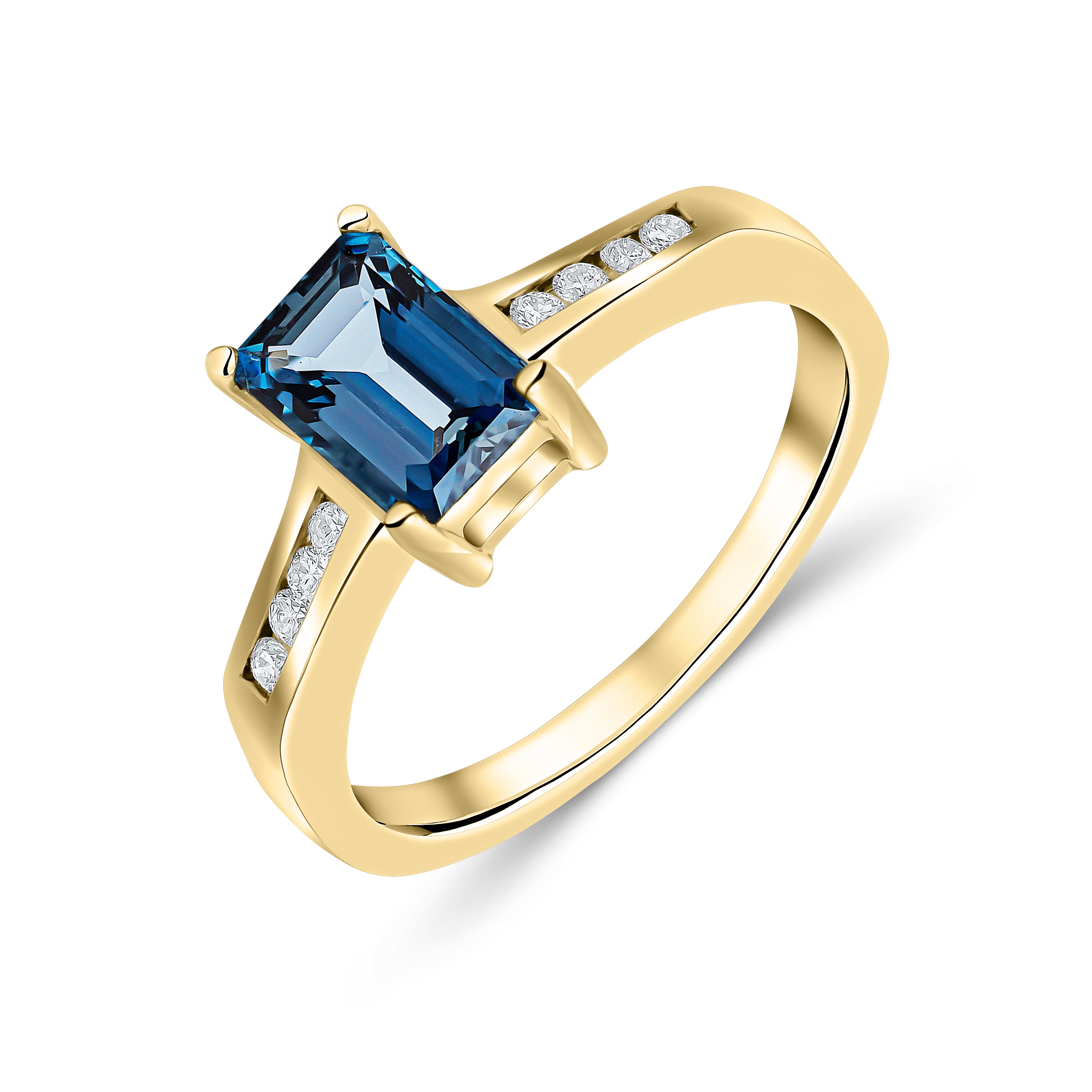 9ct Yellow Gold 7x5 Octagon London Blue Topaz Claw Set Single Stone Ring with Channel Set Diamond Shoulders