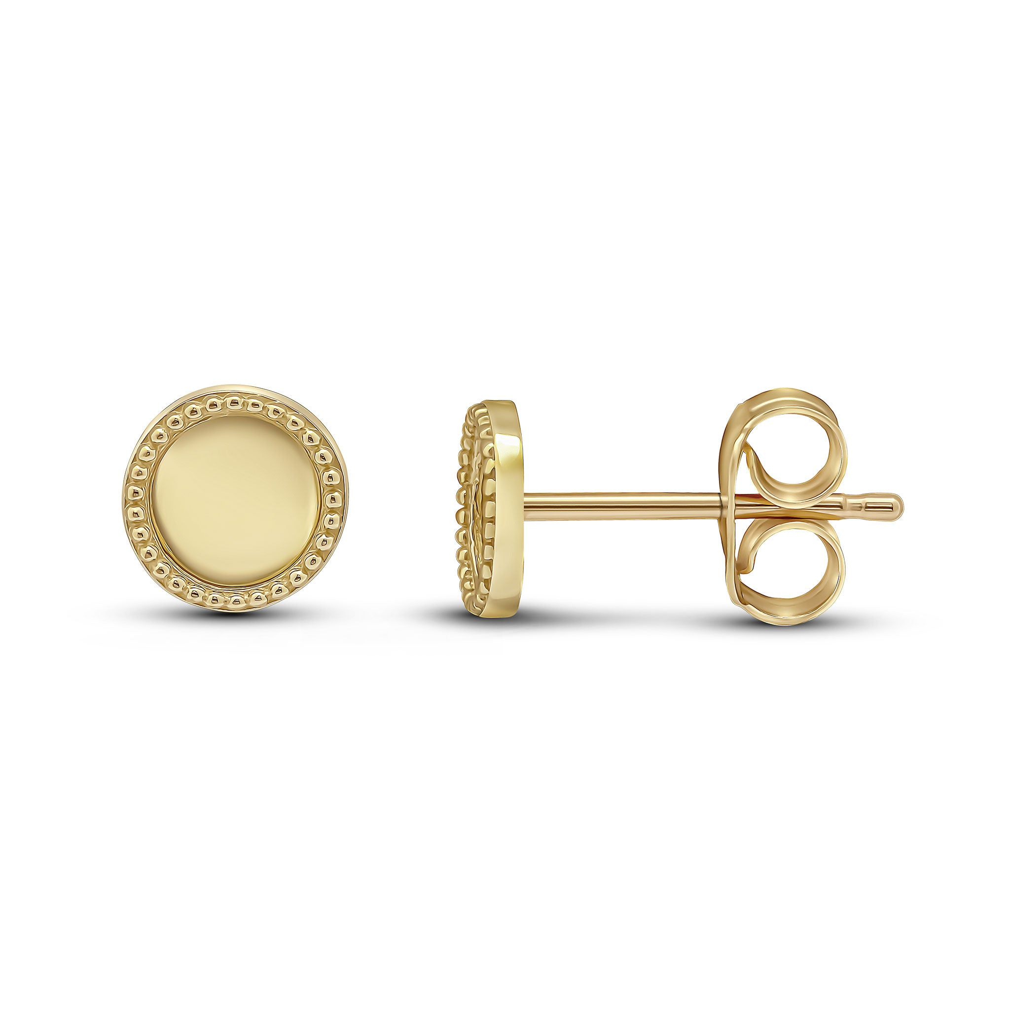 9ct Yellow Gold Plain Circle Stud Earrings With Beaded Edge
