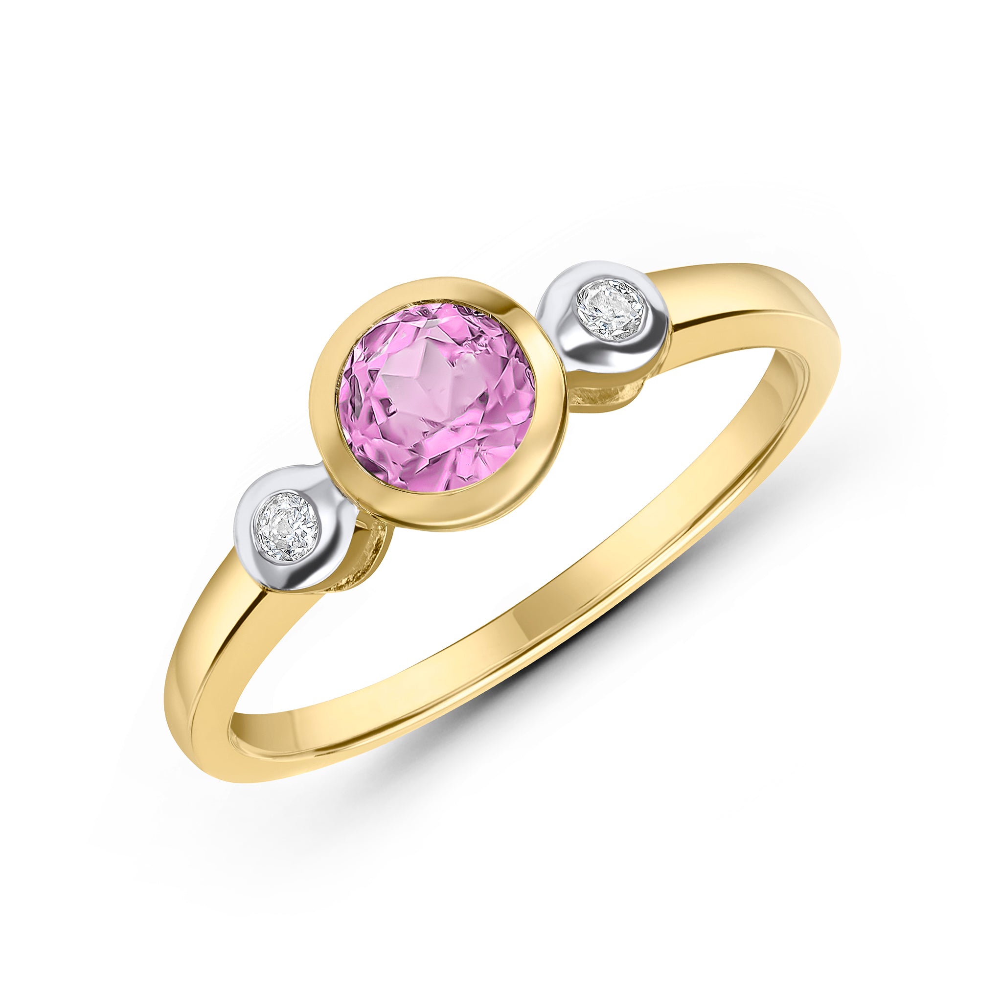 9ct Yellow Gold 5mm Round Pink Sapphire and Diamond 3 Stone Rubover Ring Rhodium to Diamonds Stone Shortage So Can't Order