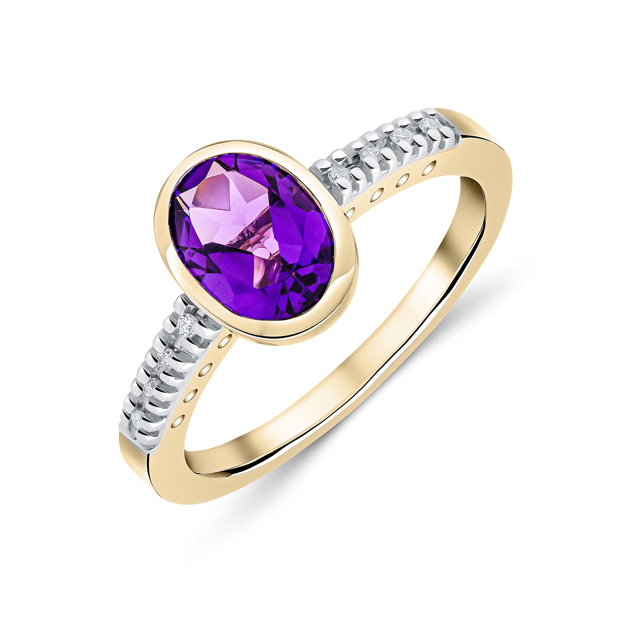 9ct Yellow Gold Rubover 8x6 Oval Amethyst Single Stone Ring with Claw Set Diamond Shoulders Rhodium to Diamonds