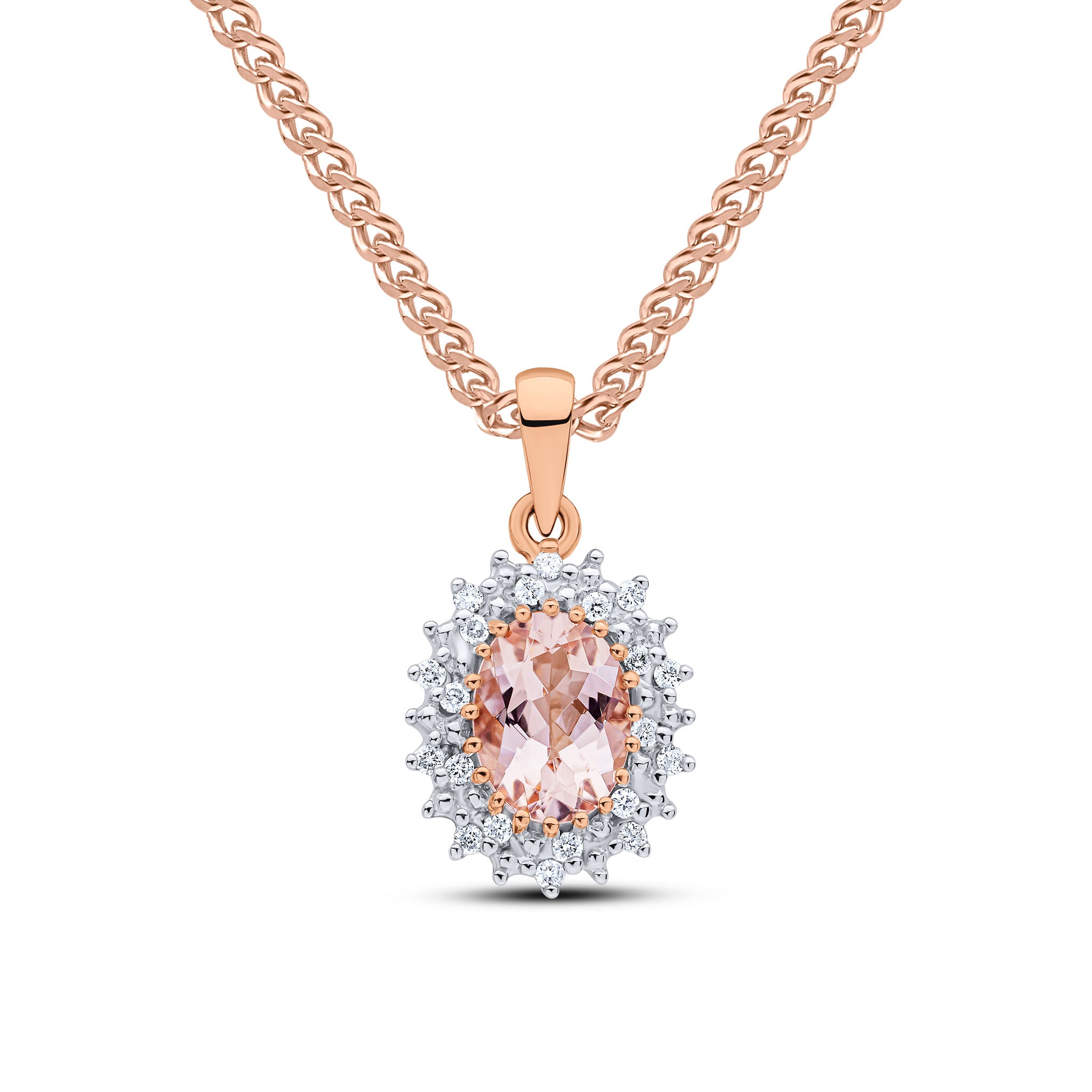 9ct rose gold 8 x 6mm oval morganite & diamond cluster pendant