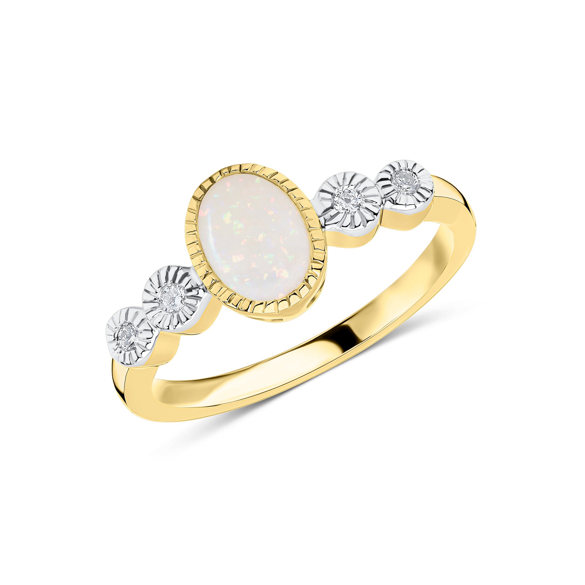 9ct Yellow Gold 7x5 Oval Opal & Diamond 2 Stone Shoulders Milgrain Set Ring Rhodium to Diamonds