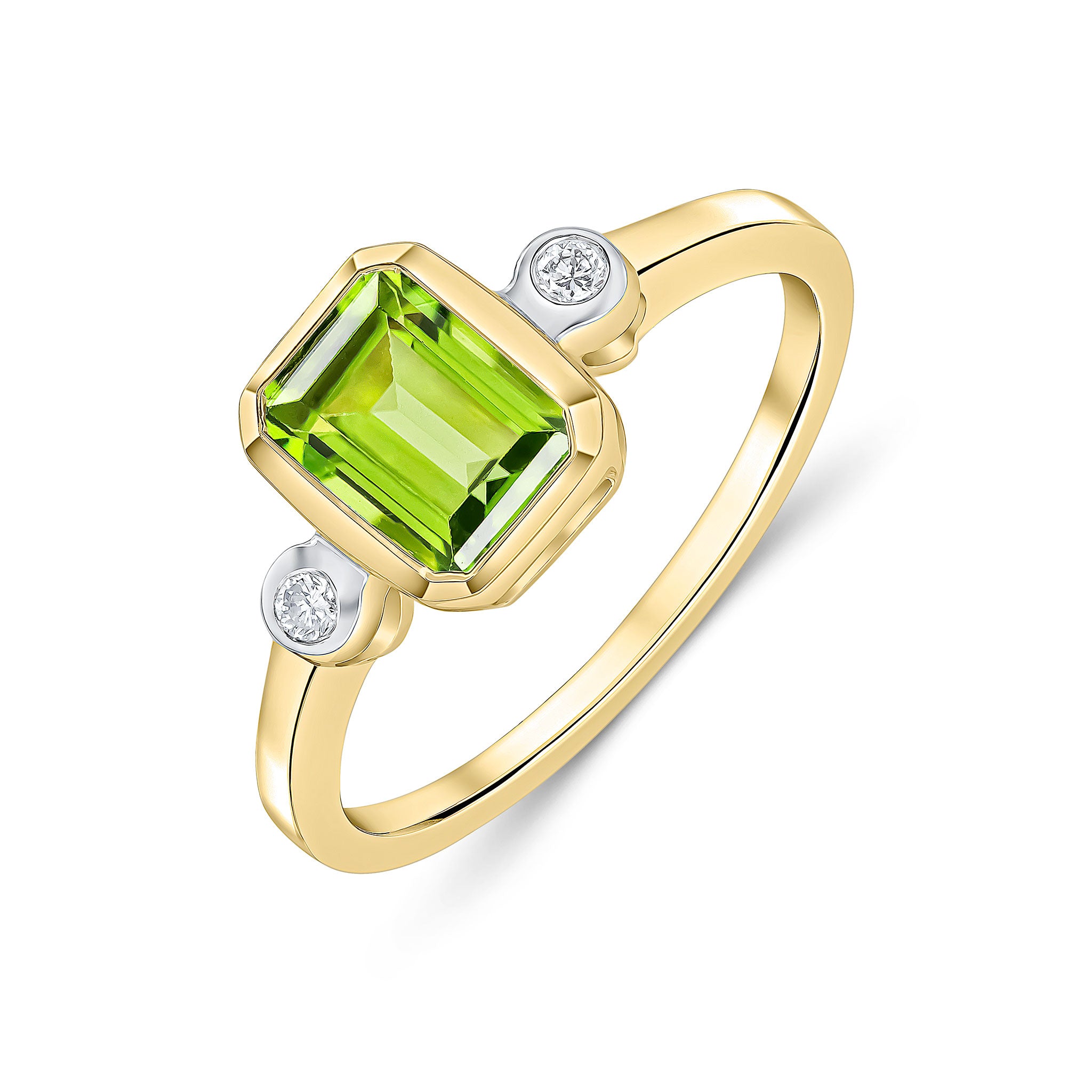 9CT YG 7X5 OCTAGON PERIDOT AND ROUND DIAMOND 3 STONE RUBOVER RING. RHODIUM TO DIAMONDS 1