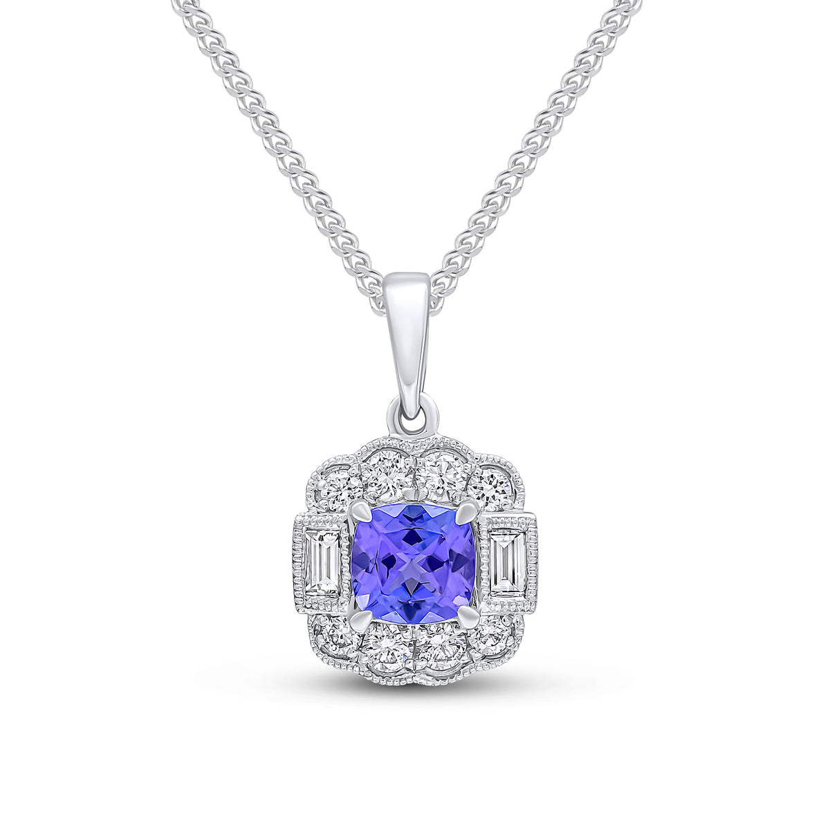 18ct White Gold Claw Set Cushion Tanzanite Baguette and Round Diamond Milgrain Fancy Cluster Pendant Plain Loop Top