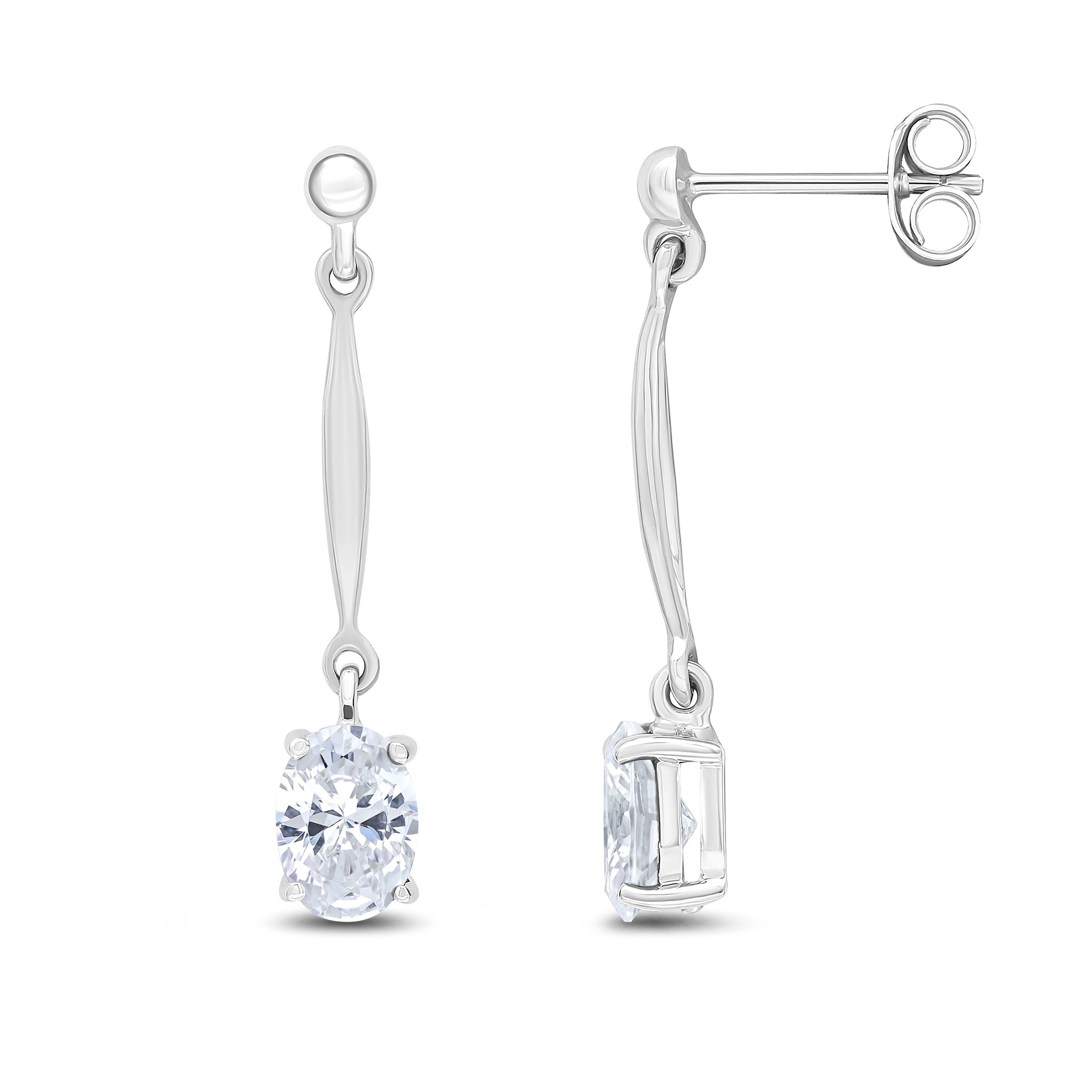 9ct White Gold 7x5mm Oval CZ and Bar Drop Earrings with Bead Top