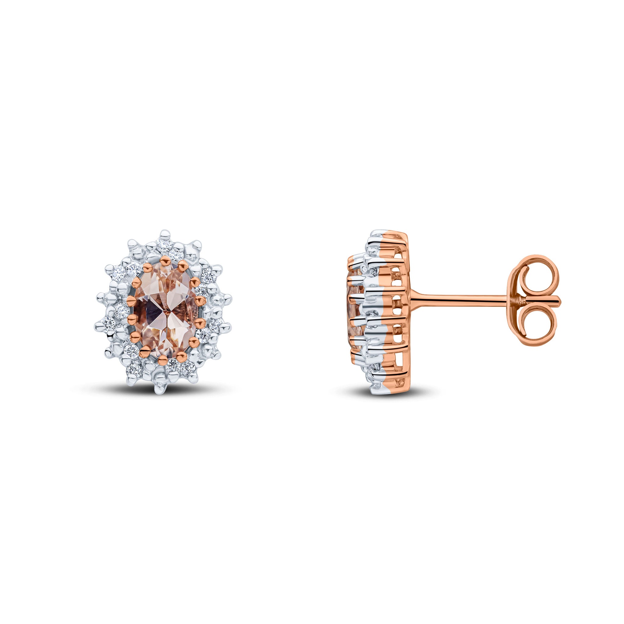 9ct rose gold oval  morganite & diamond cluster earrings