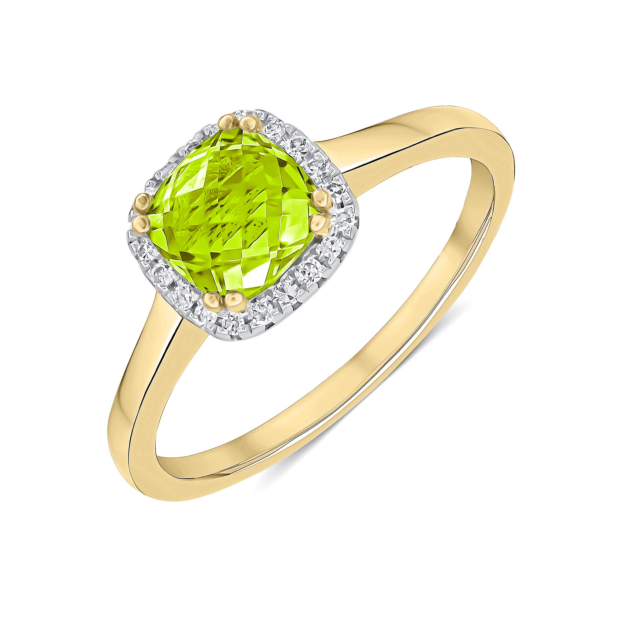 9ct Yellow Gold 6mm Checkerboard Cut Cushion Peridot and Round Diamond Claw Set Cluster Ring