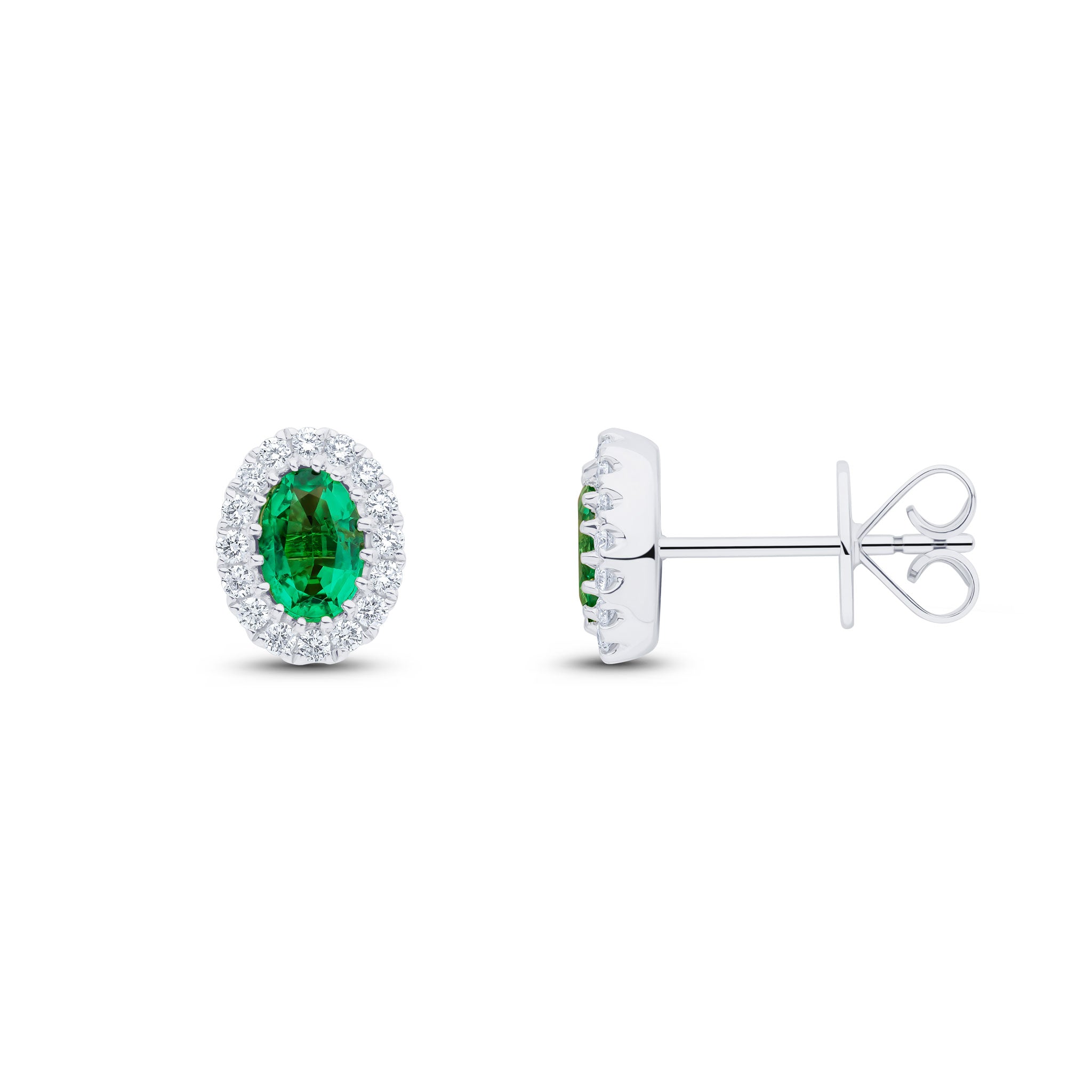 18ct White Gold 6x4 Oval Emerald and Round Diamond Claw Set Cluster Earrings