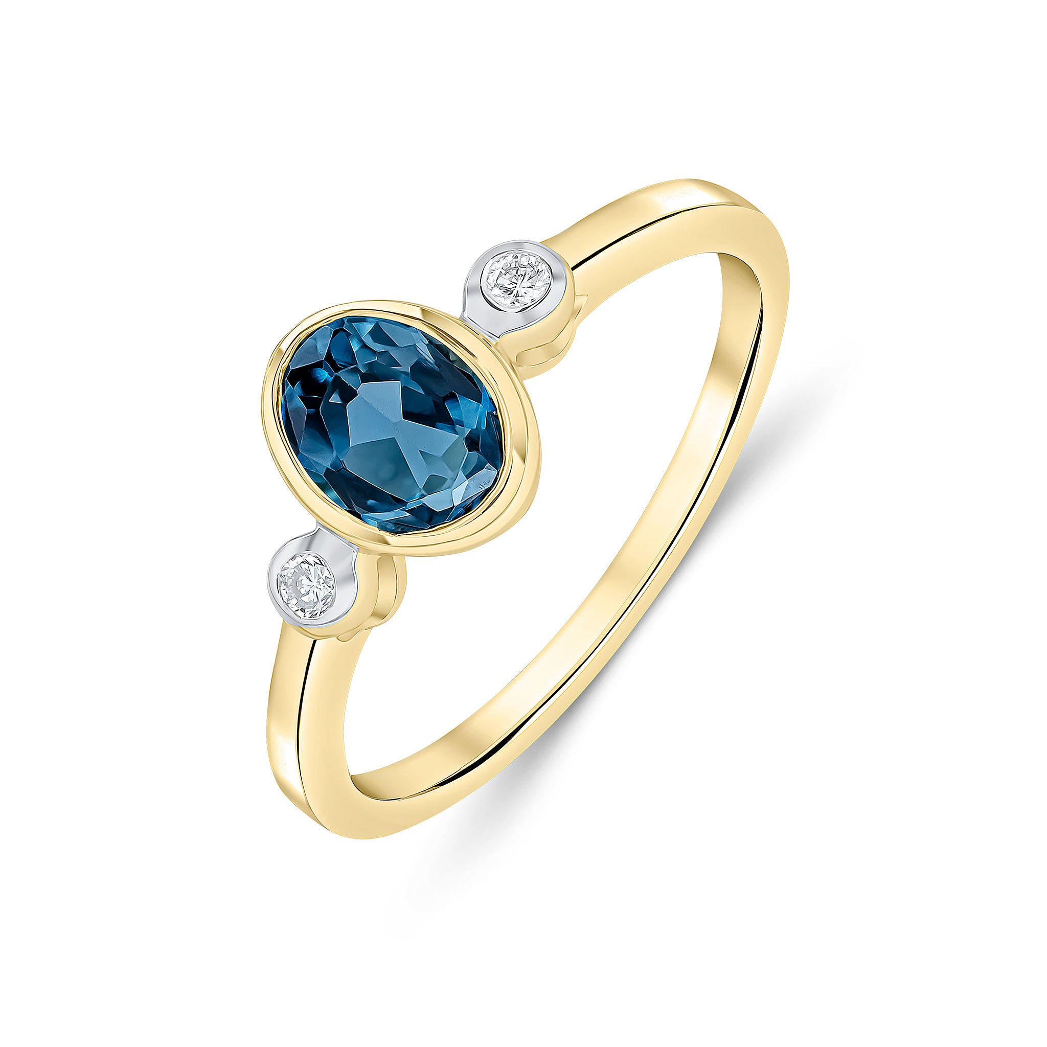 9CT YG 7X5 OVAL LONDON BLUE TOPAZ & ROUND DIAMOND 3ST RUBOVER RING. RHODIUM TO DIAMONDS 1