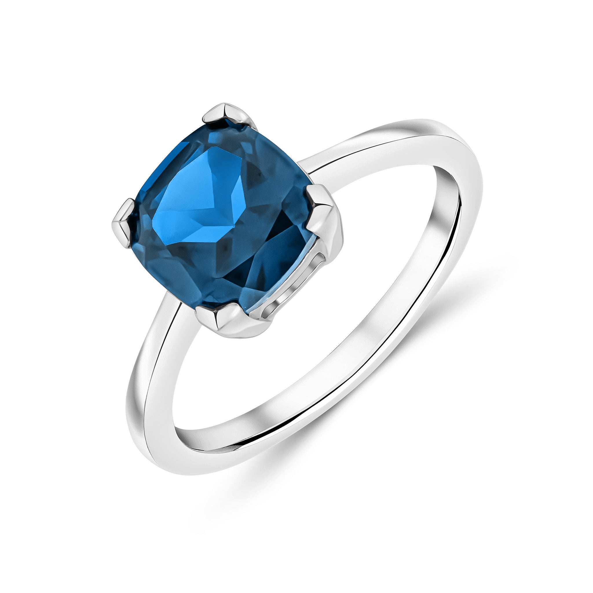 9ct White Gold 8mm Cushion London Blue Topaz Claw Set Single Stone Ring