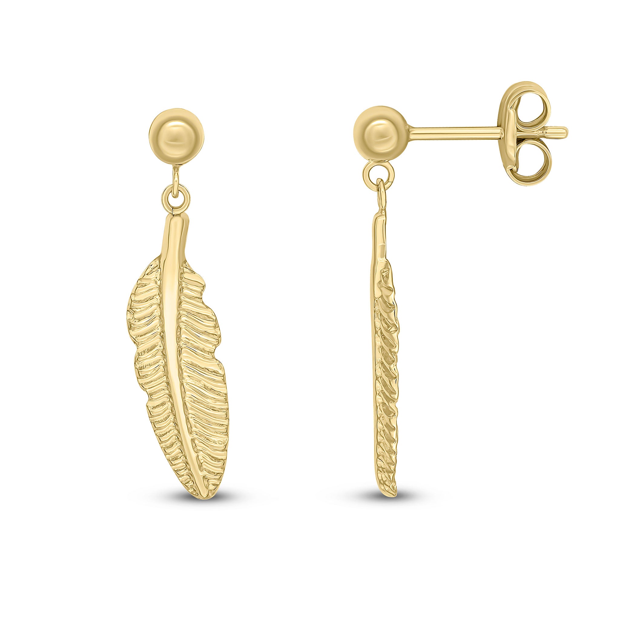 9ct Yellow Gold Feather Drop Earrings With Ball Stud Top