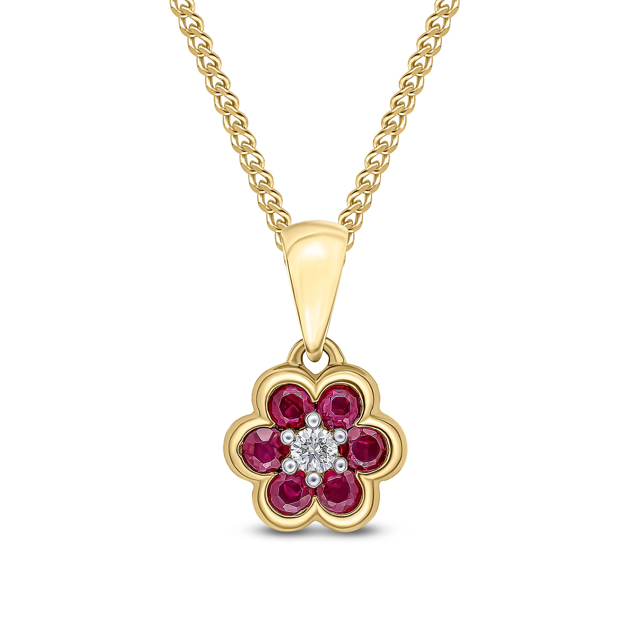 9ct Yellow Gold Round Ruby and Diamond Rubover Set Reverse Cluster Pendant Rhodium to Diamond