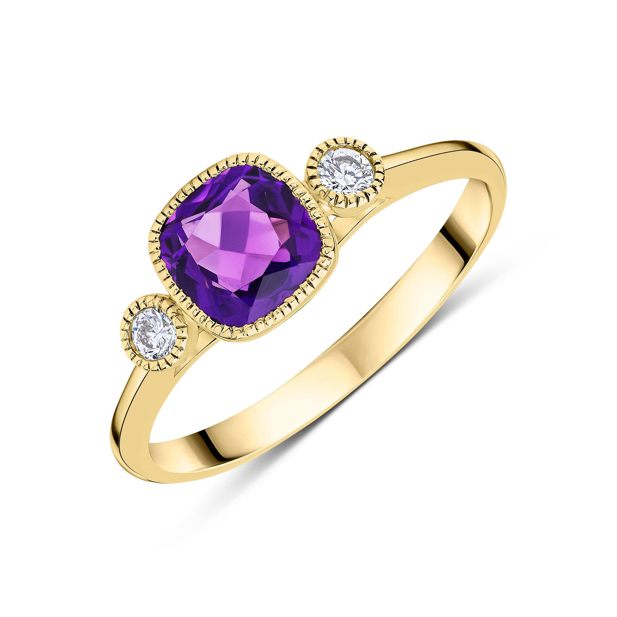 9ct Yellow Gold 6mm Cushion Amethyst & Round Diamond Milgrain Set 3 Stone Ring