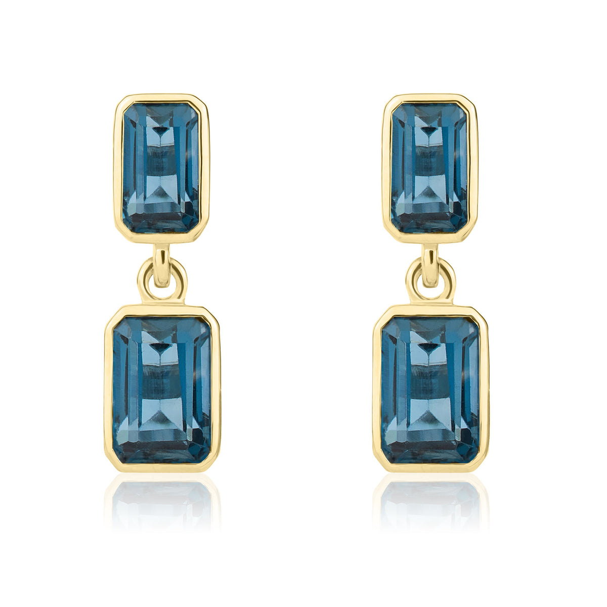 9ct Yellow Gold Octagon London Blue Topaz Rubover 2 Stone Drop Earrings