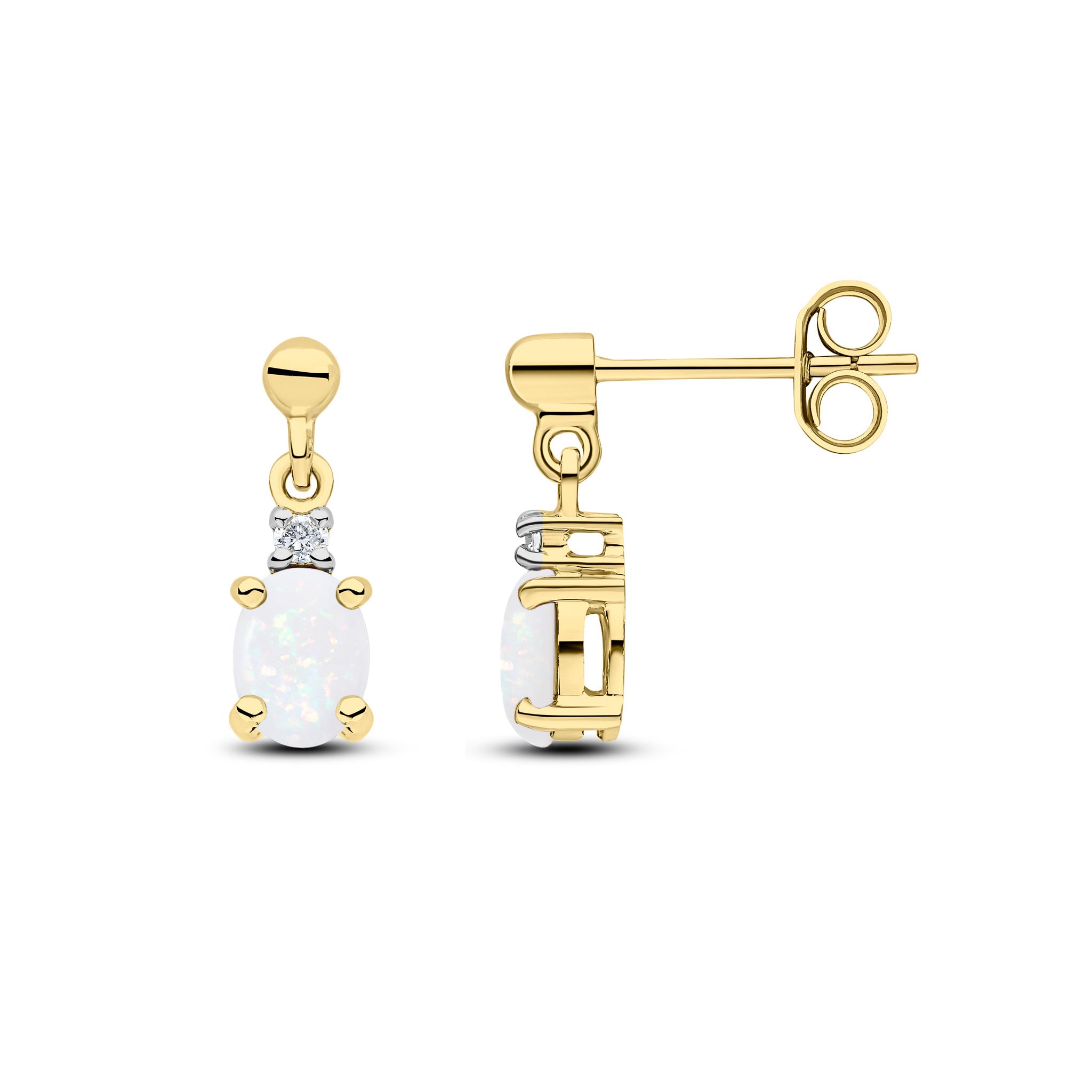9ct Yellow Gold Oval Opal & Diamond Claw Set 2 Stone Drop Earrings with Bead Stud Top