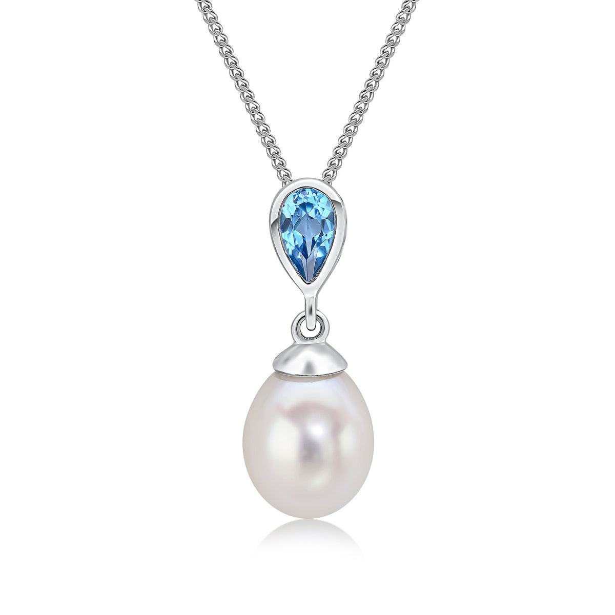 9ct White Gold Pearl & Single Pear Shape Swiss Blue Topaz Drop Pendant