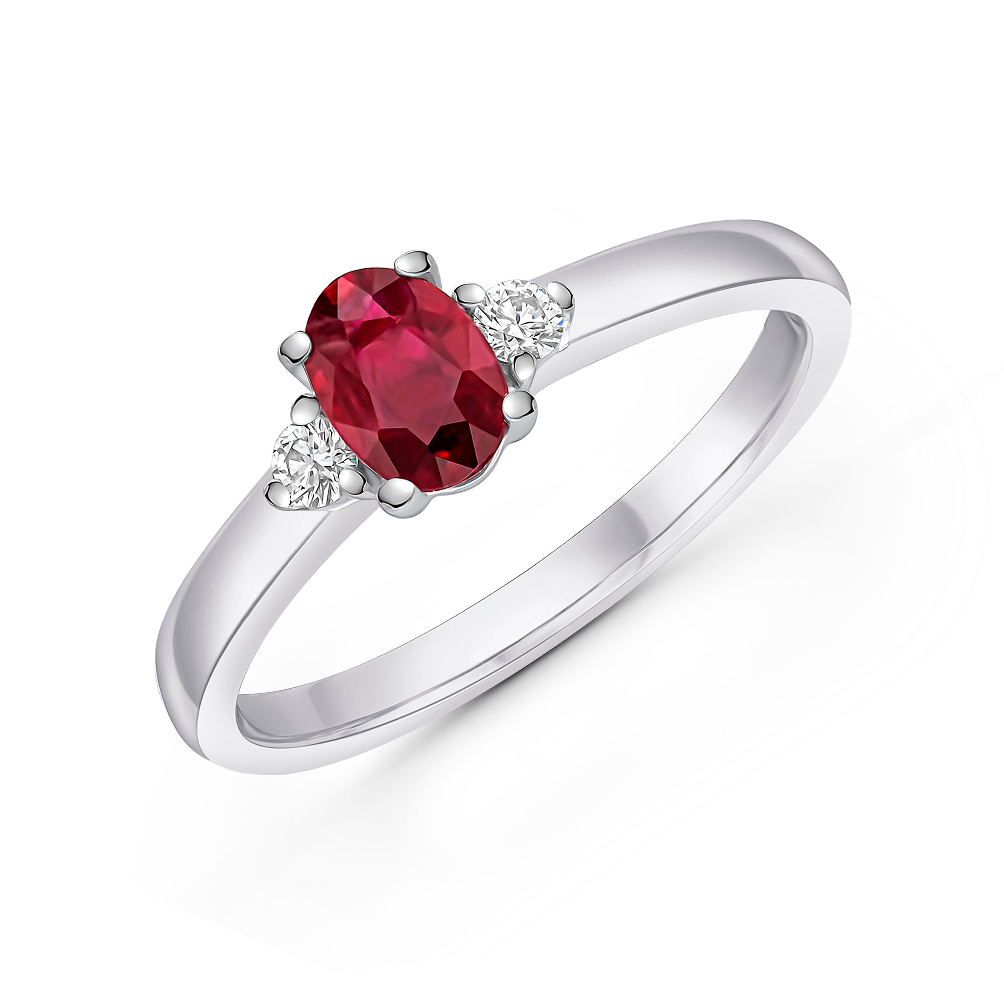 18ct White Gold Oval Ruby and Round Diamond Claw Set 3 Stone Ring