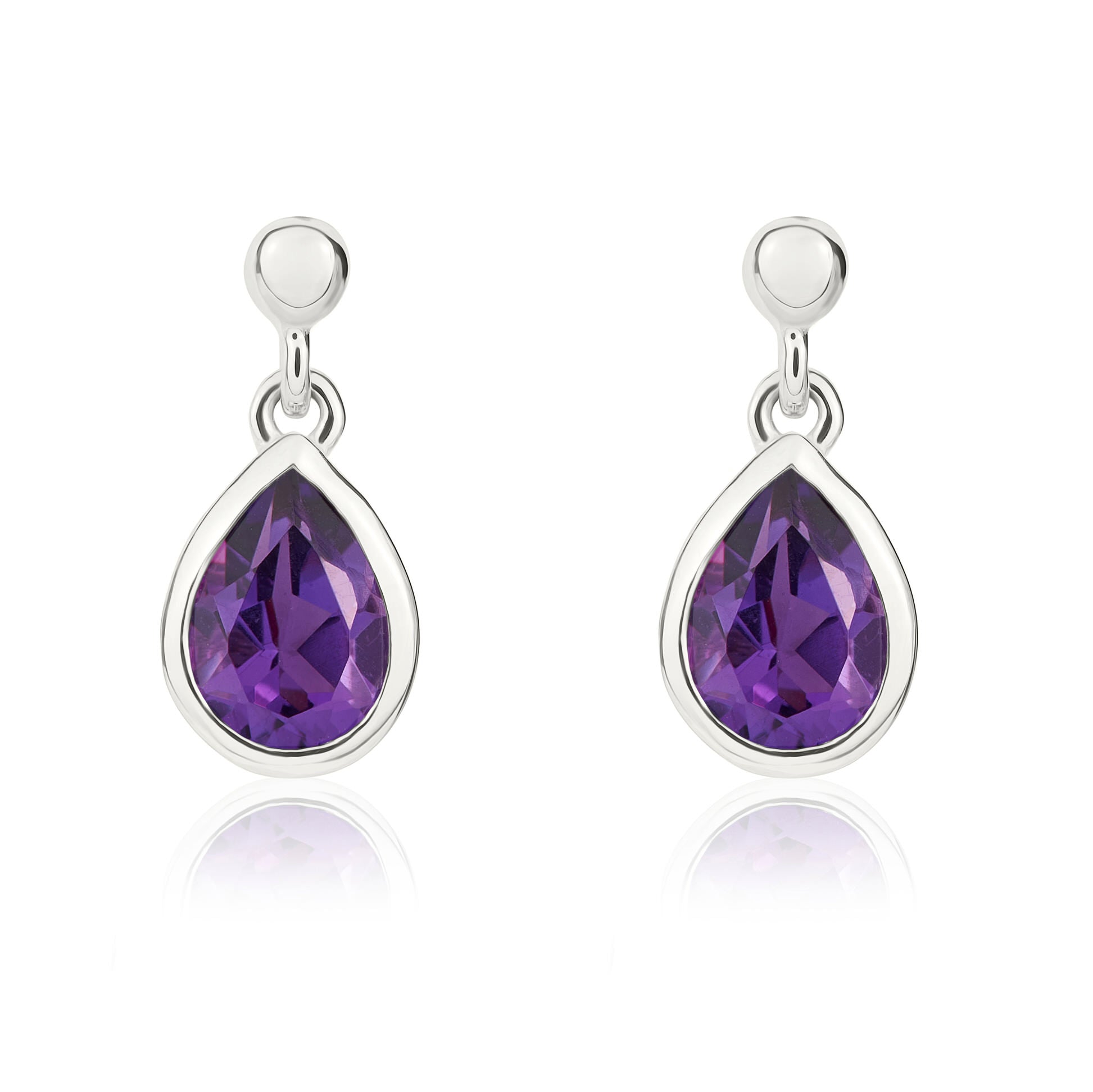9ct White Gold 6x4mm Pear Shape Amethyst Rubover Drop Earrings with 2.5mm Bead Top