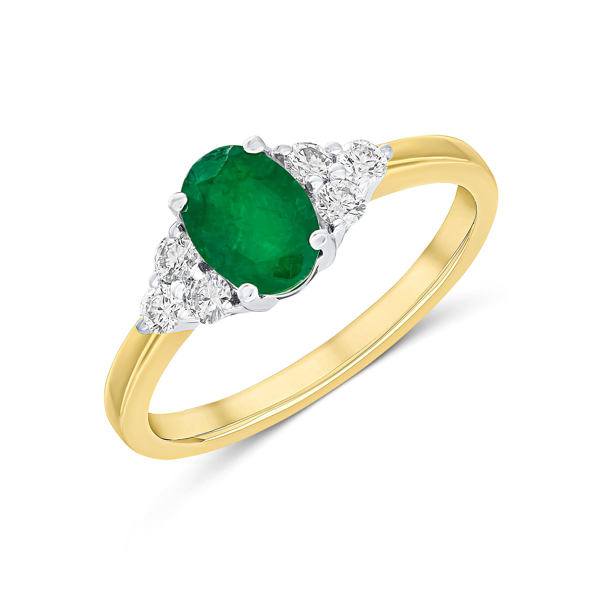 18ct Ywg 7x5mm Oval Emerald & Round Diamond Trefoil Shoulders Ring