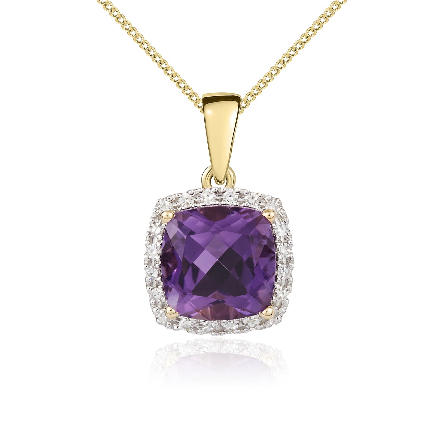9ct Yellow Gold Cushion Amethyst & Diamond Cluster Pendant