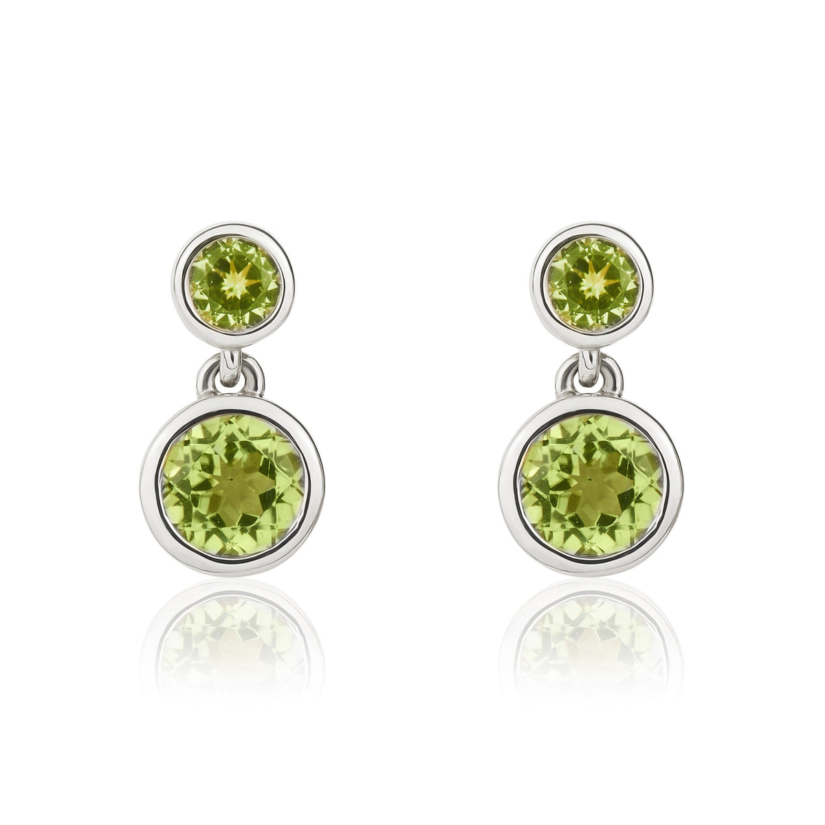 9ct White Gold Round Peridot Double Drop Earrings