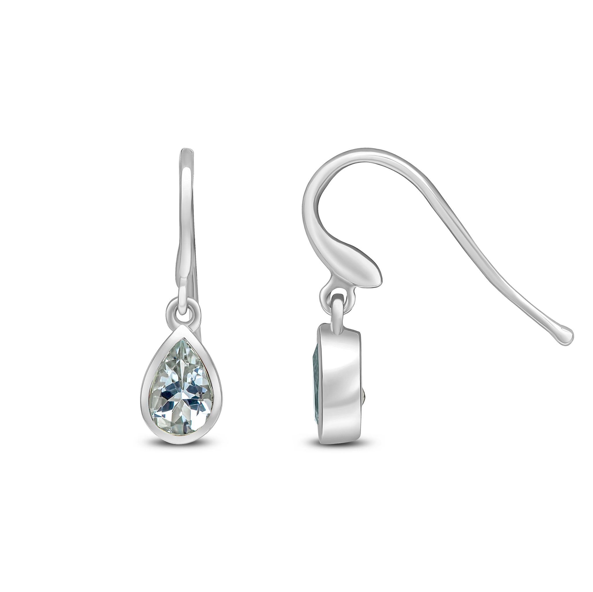 9ct White Gold 6x4 Pear Shape Aquamarine Rubover Drop Earrings Hook Wire Fitting