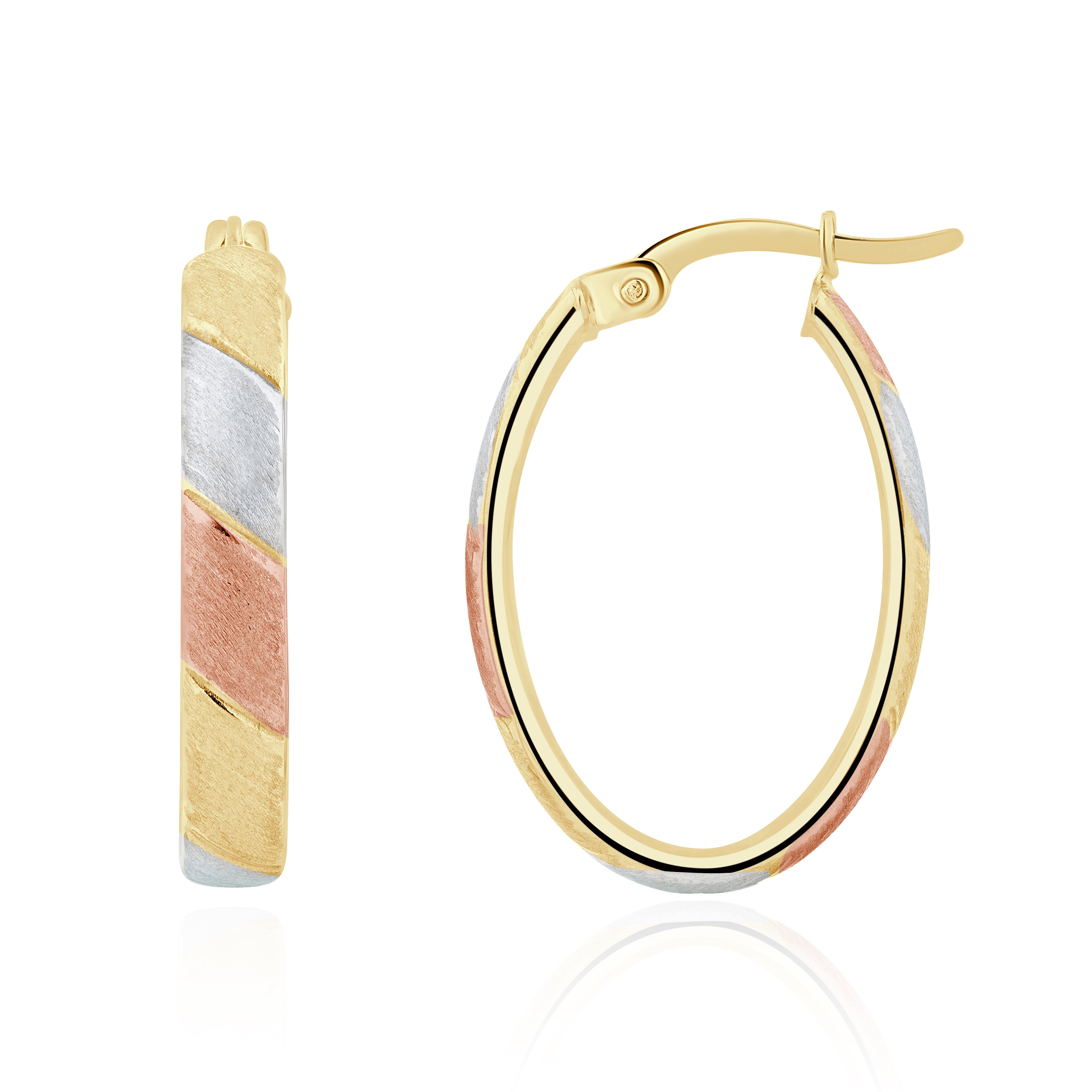 Three Tone 9ct Gold Satin Stripe Oval Hoop Earrings