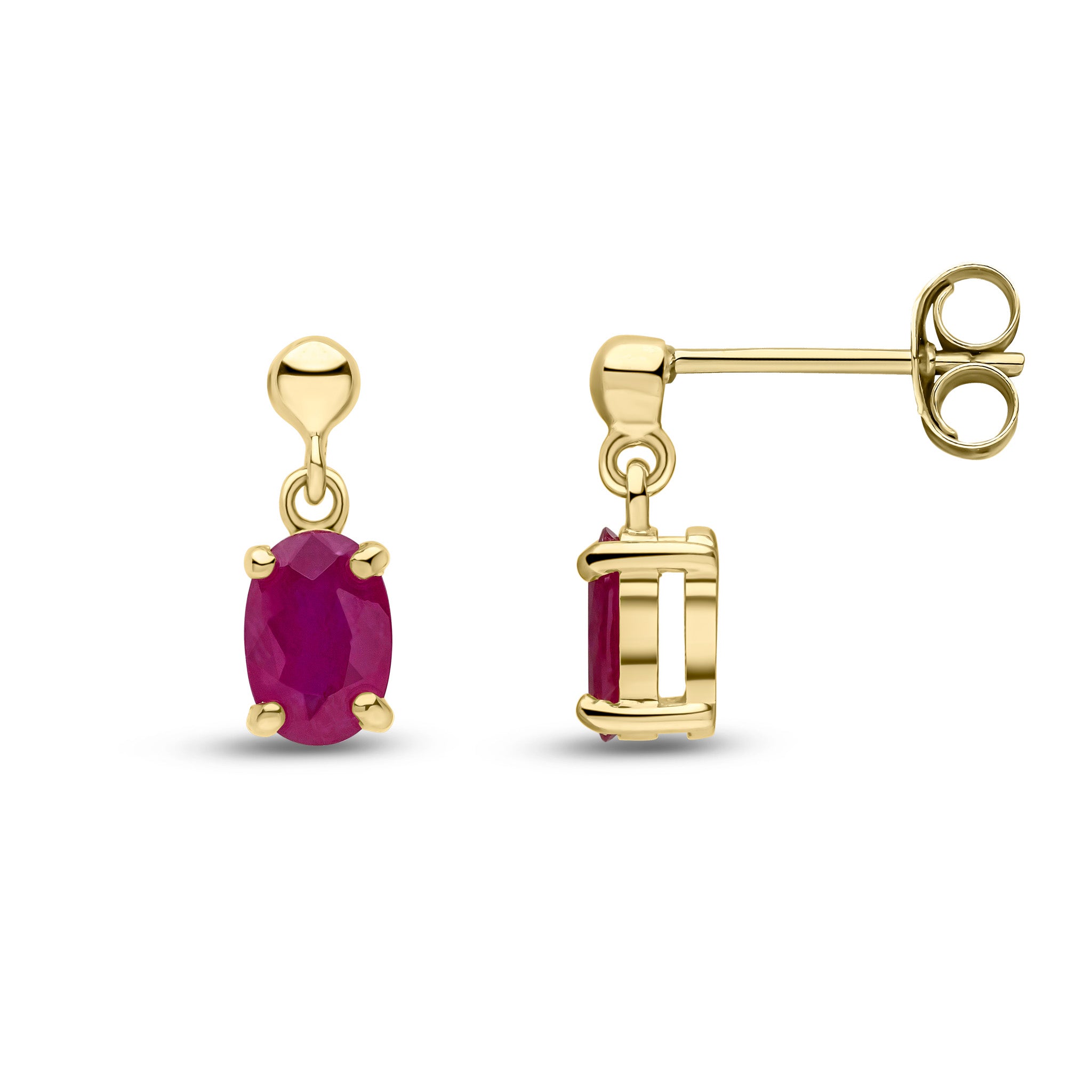 9ct Yellow Gold 6x4 Oval Ruby Claw Set Drop Earrings with Bead Top