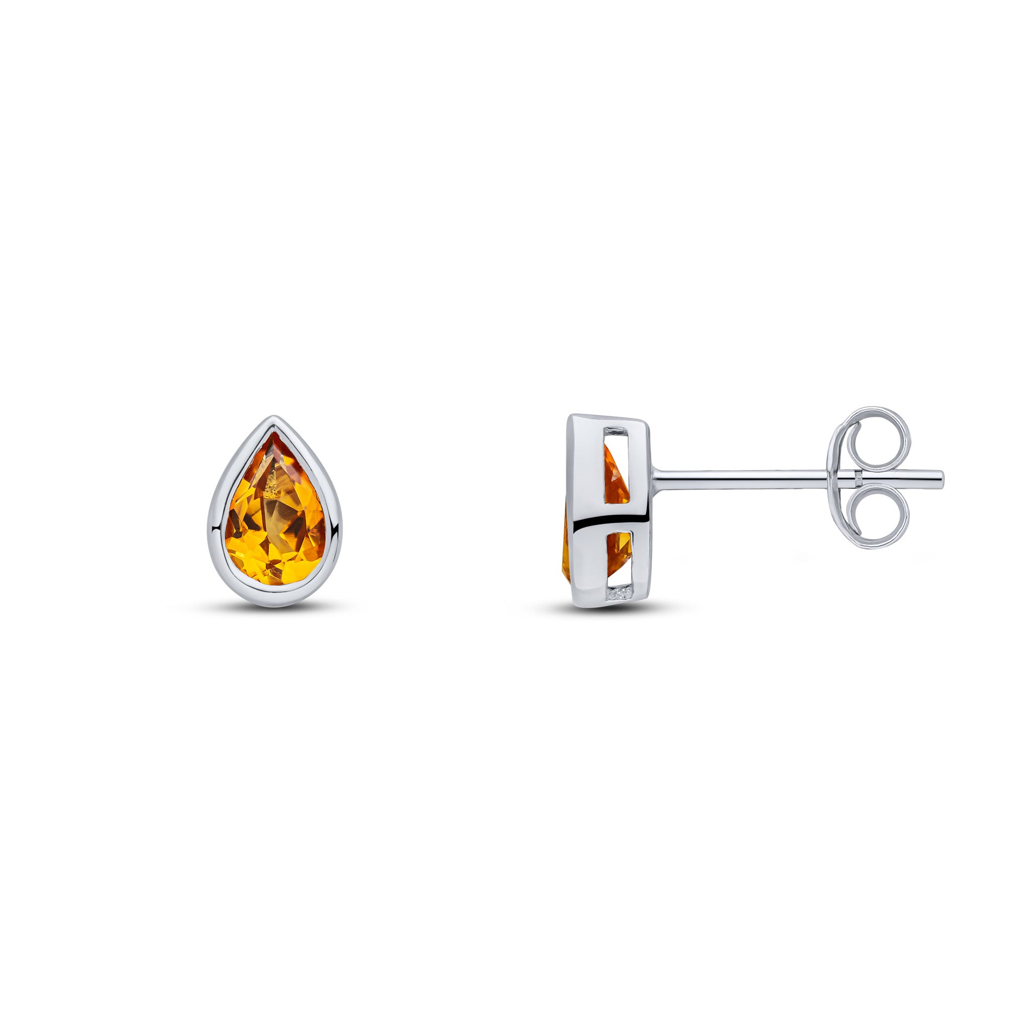 9ct White Gold 6x4 Pear Shape Citrine Rubover Set Earrings