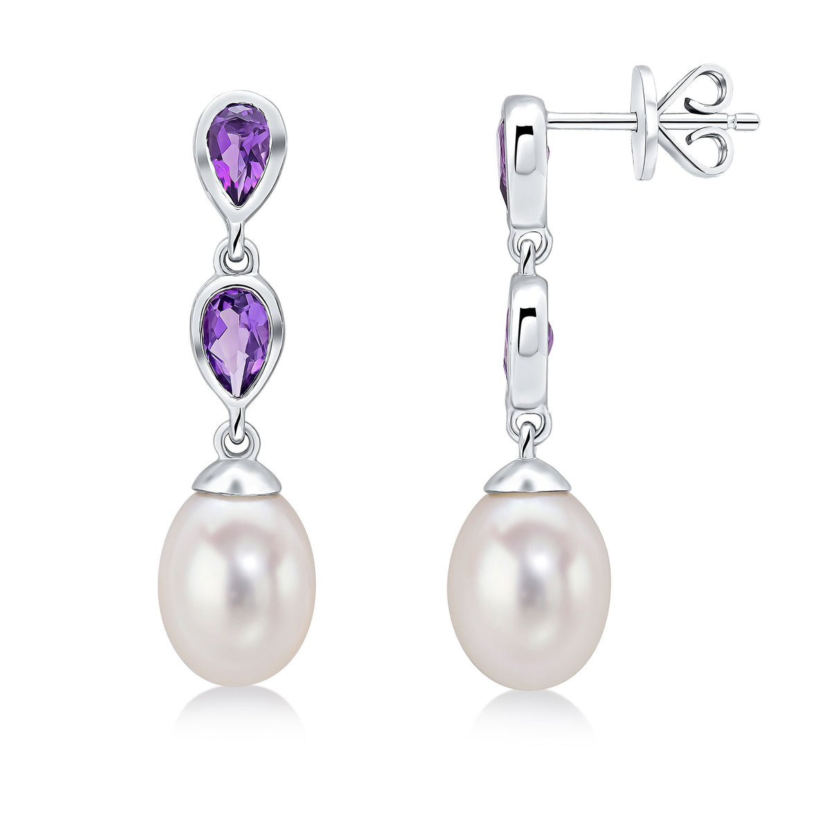 9ct White Gold Pearl & Double Pear Shape Amethyst Drop Earrings