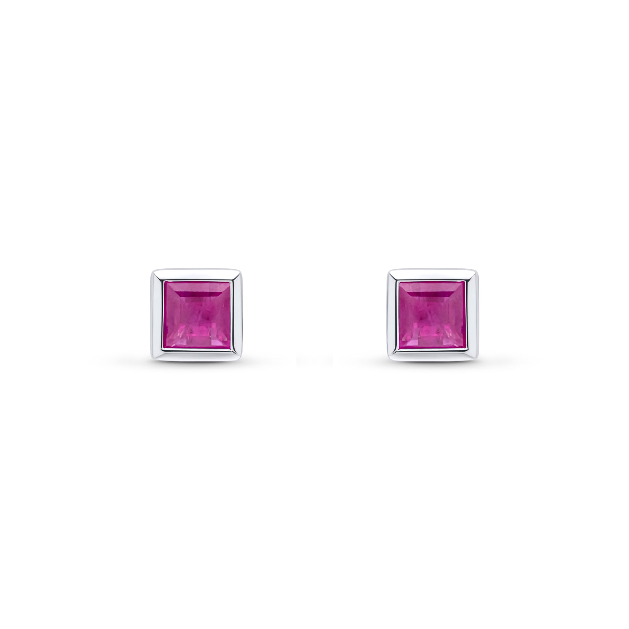 9ct White Gold 4mm Square Ruby Rubover Set Stud Earrings