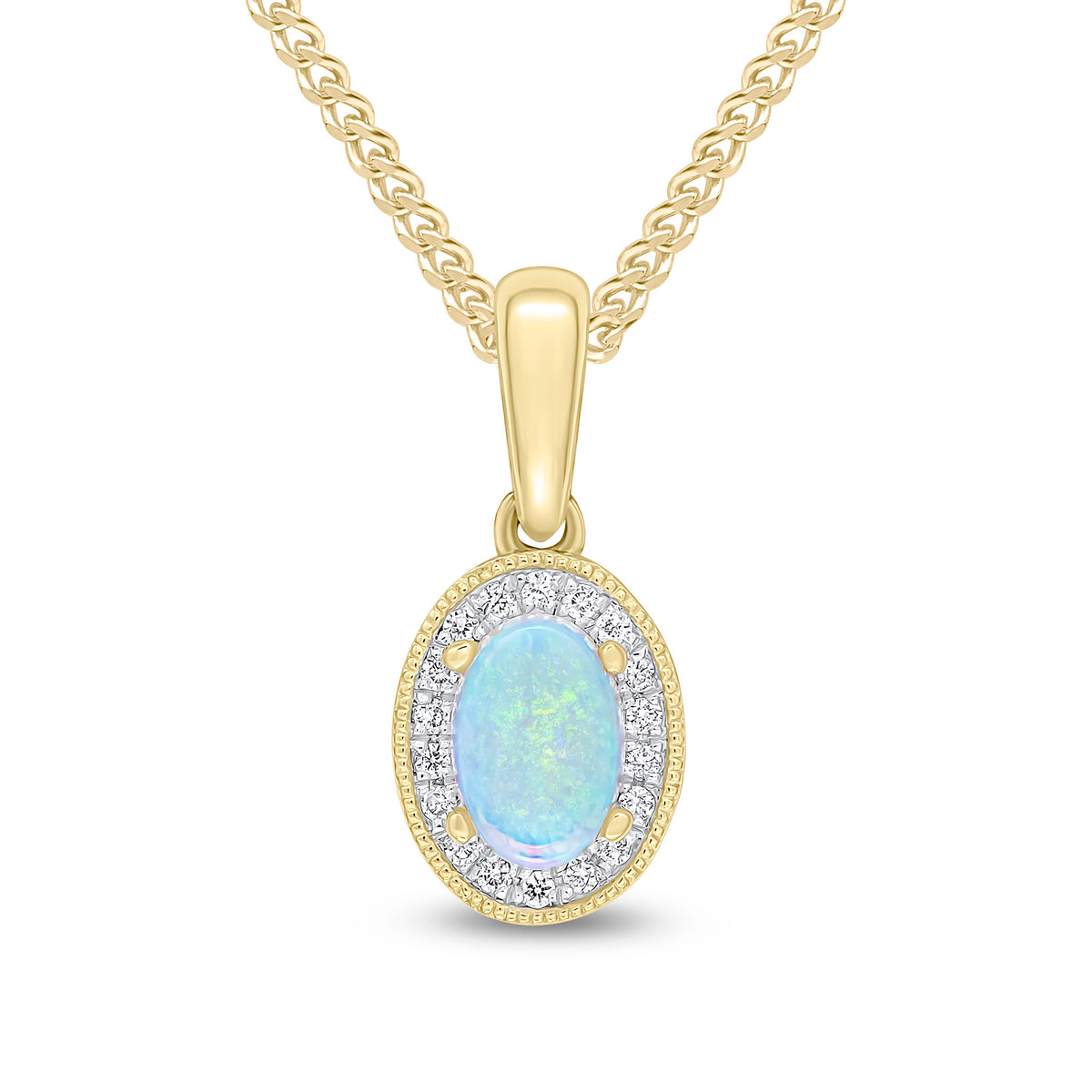 18ct Yellow Gold Claw Set 6x4mm Oval Opal and Diamond Cluster Pendant Milgrain Edge