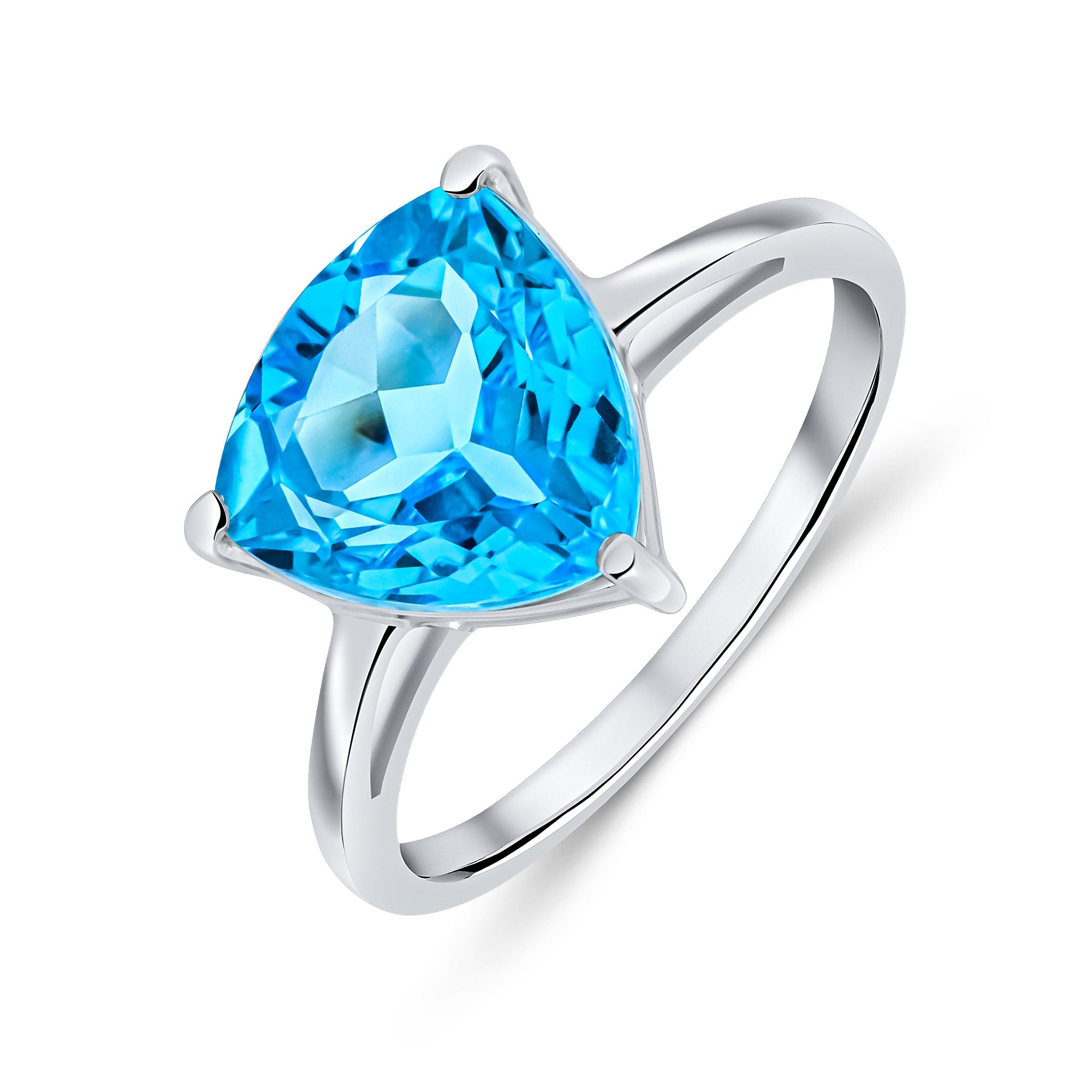 9ct White Gold 10mm Trilliant Swiss Blue Topax Claw Set Single Stone Ring