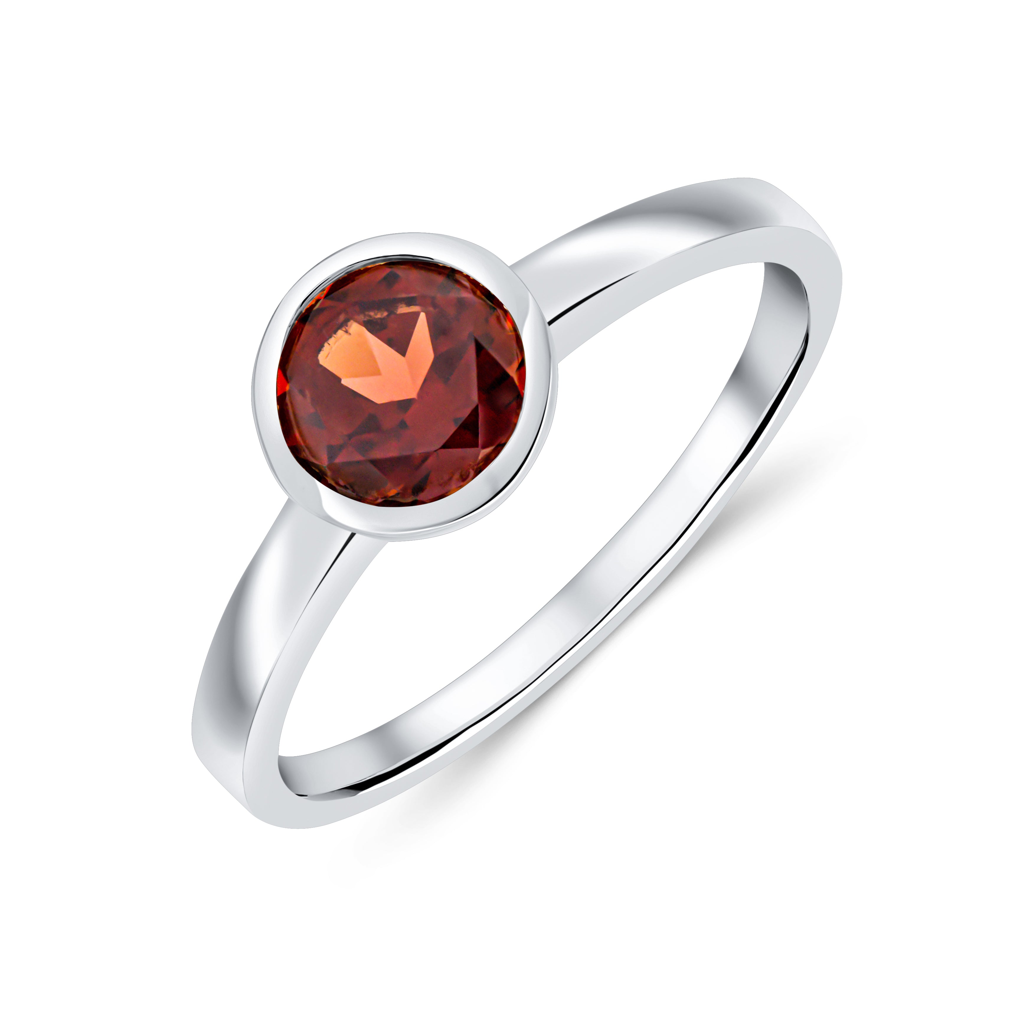 9ct White Gold 6mm Round Garnet Rubover Single Stone Ring