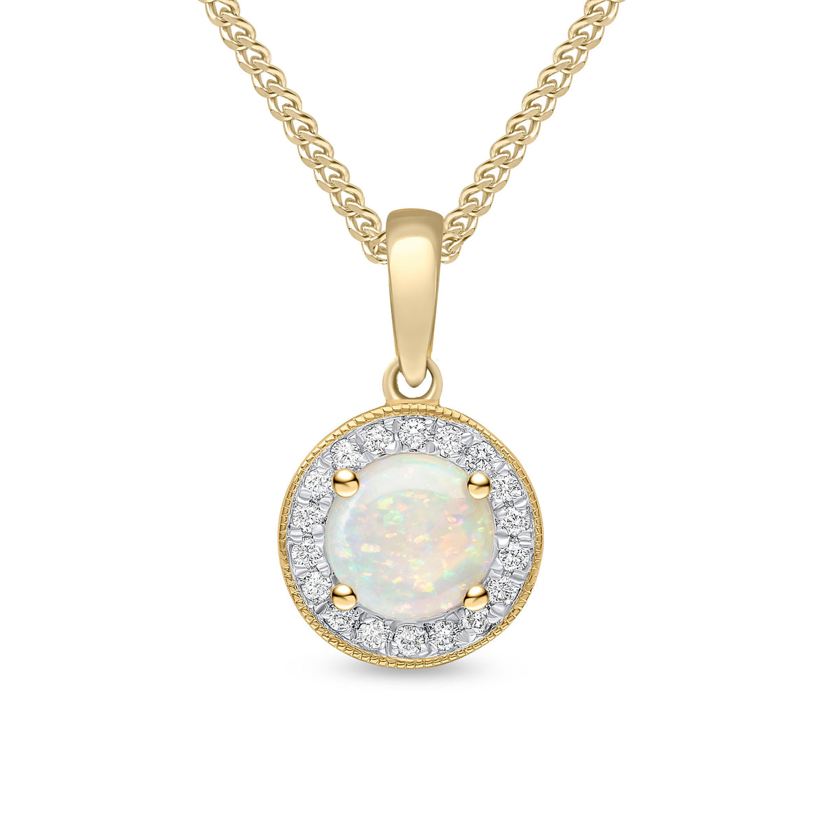 18ct Yellow Gold Claw Set 6mm Round Opal & Diamond Cluster Pendant Milgrain Edge