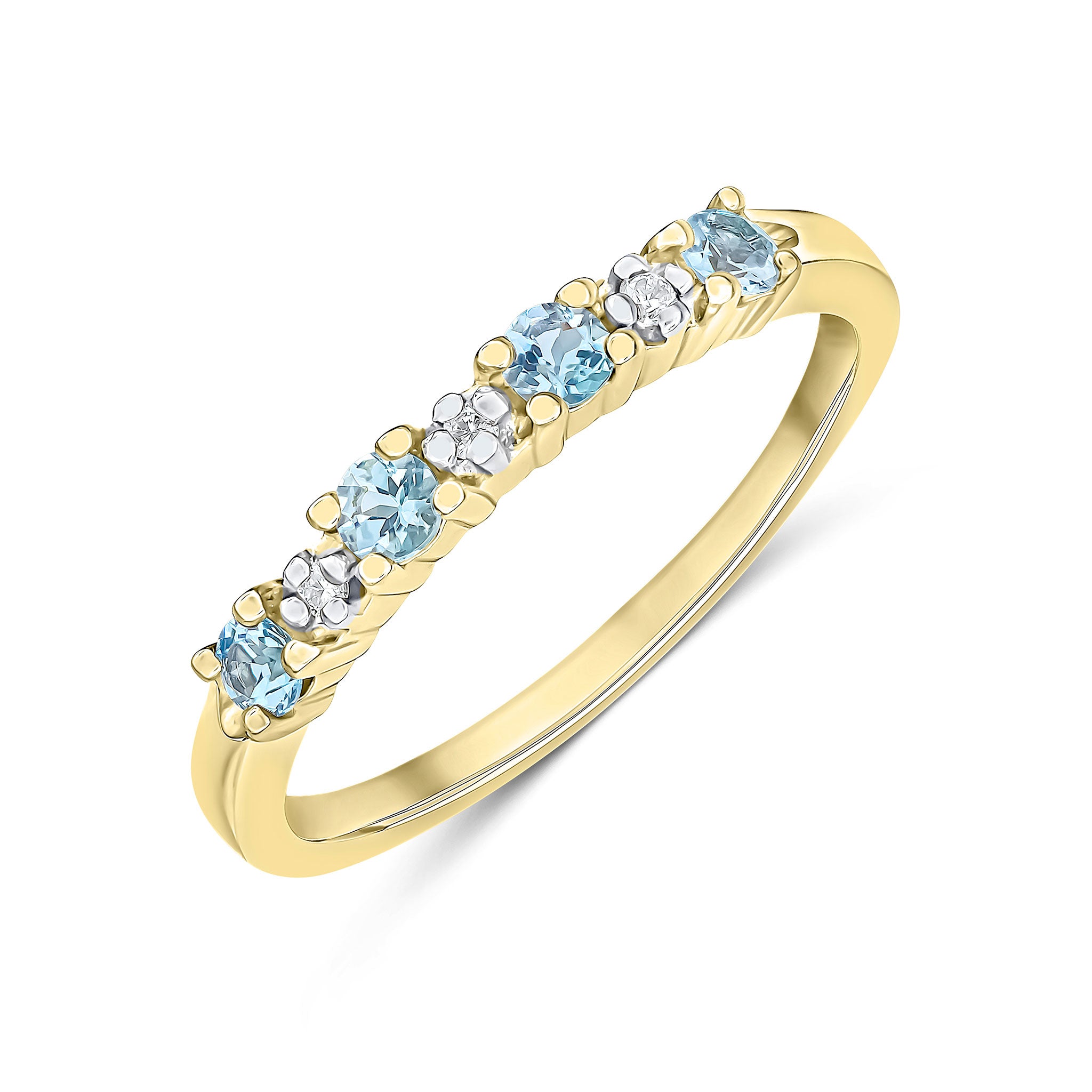 9ct Yellow Gold Round Aquamarine & Diamond Claw Set 7 Stone Ring