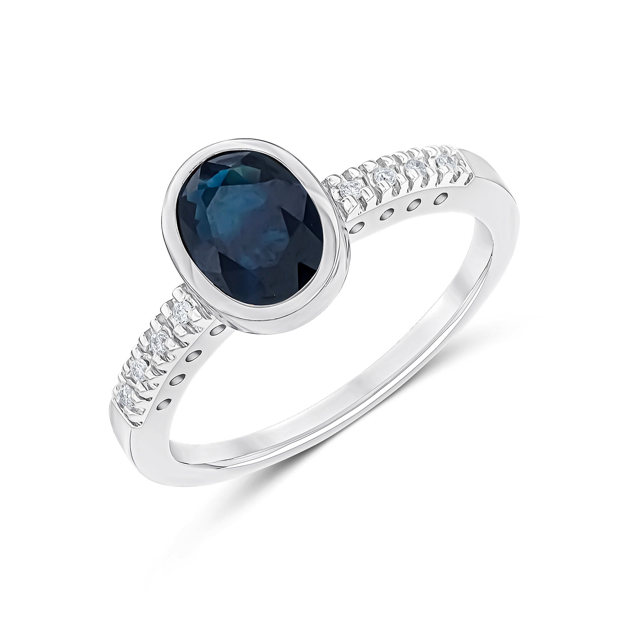 9ct White Gold Rubover 8x6 Oval Sapphire Single Stone Ring with Claw Set Diamond Shoulders