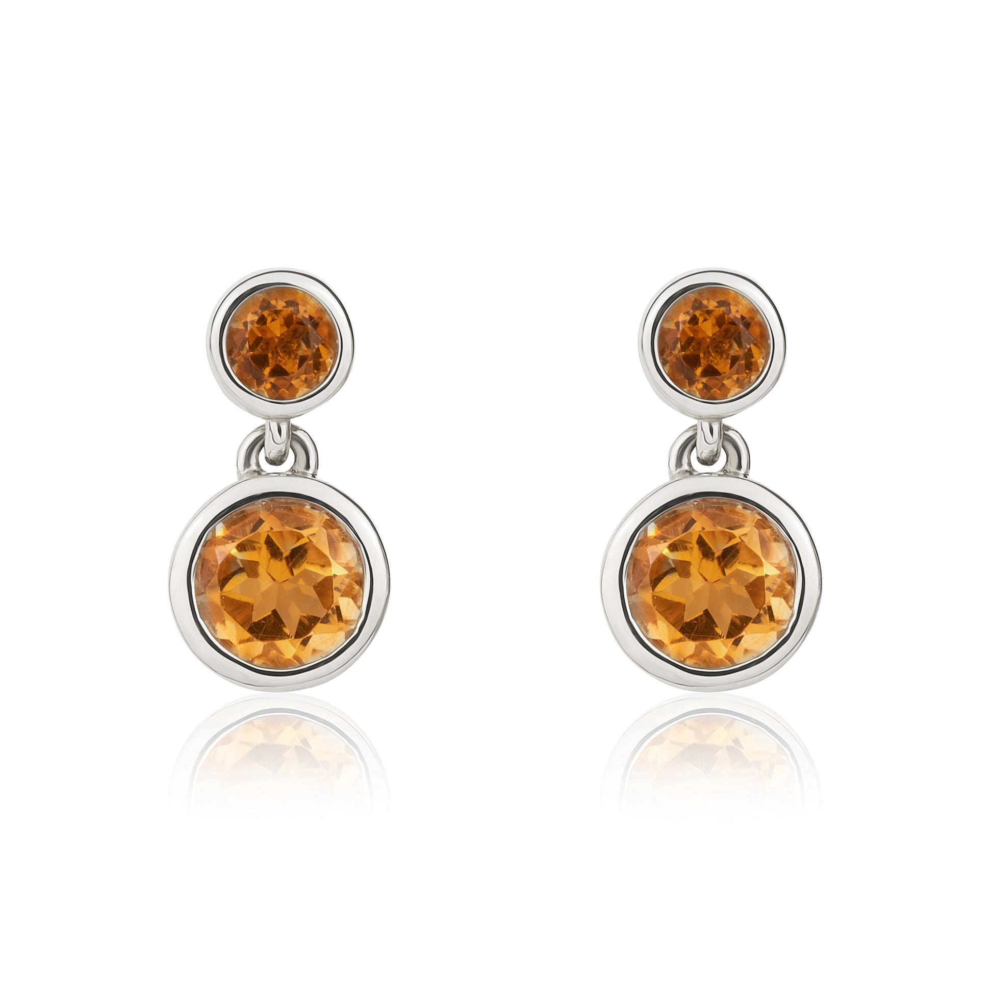 9ct White Gold Round Citrine Double Drop Earrings
