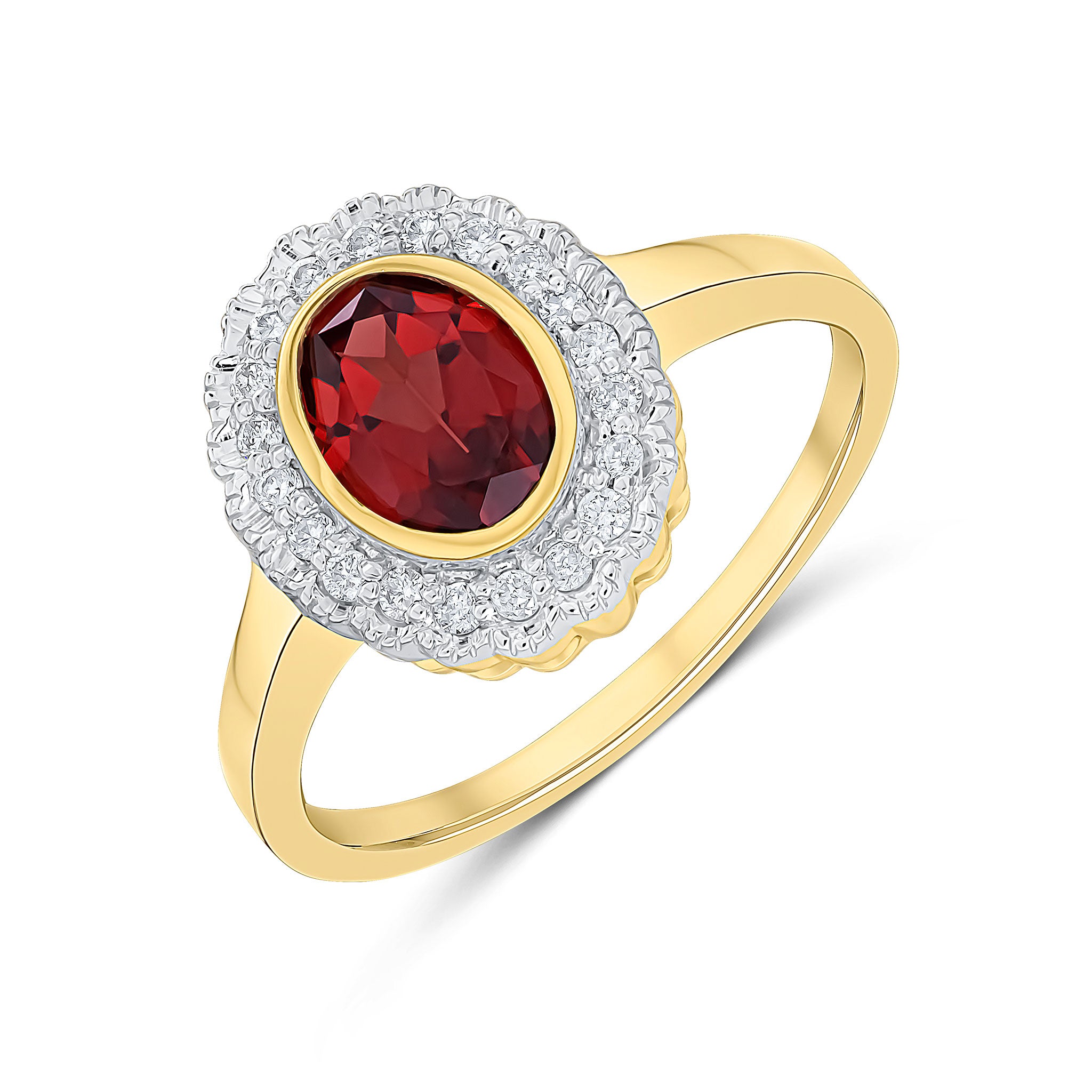 9ct Yellow Gold Rubover Oval Garnet and Milgrain Round Diamond Cluster Ring Rhodium to Diamonds