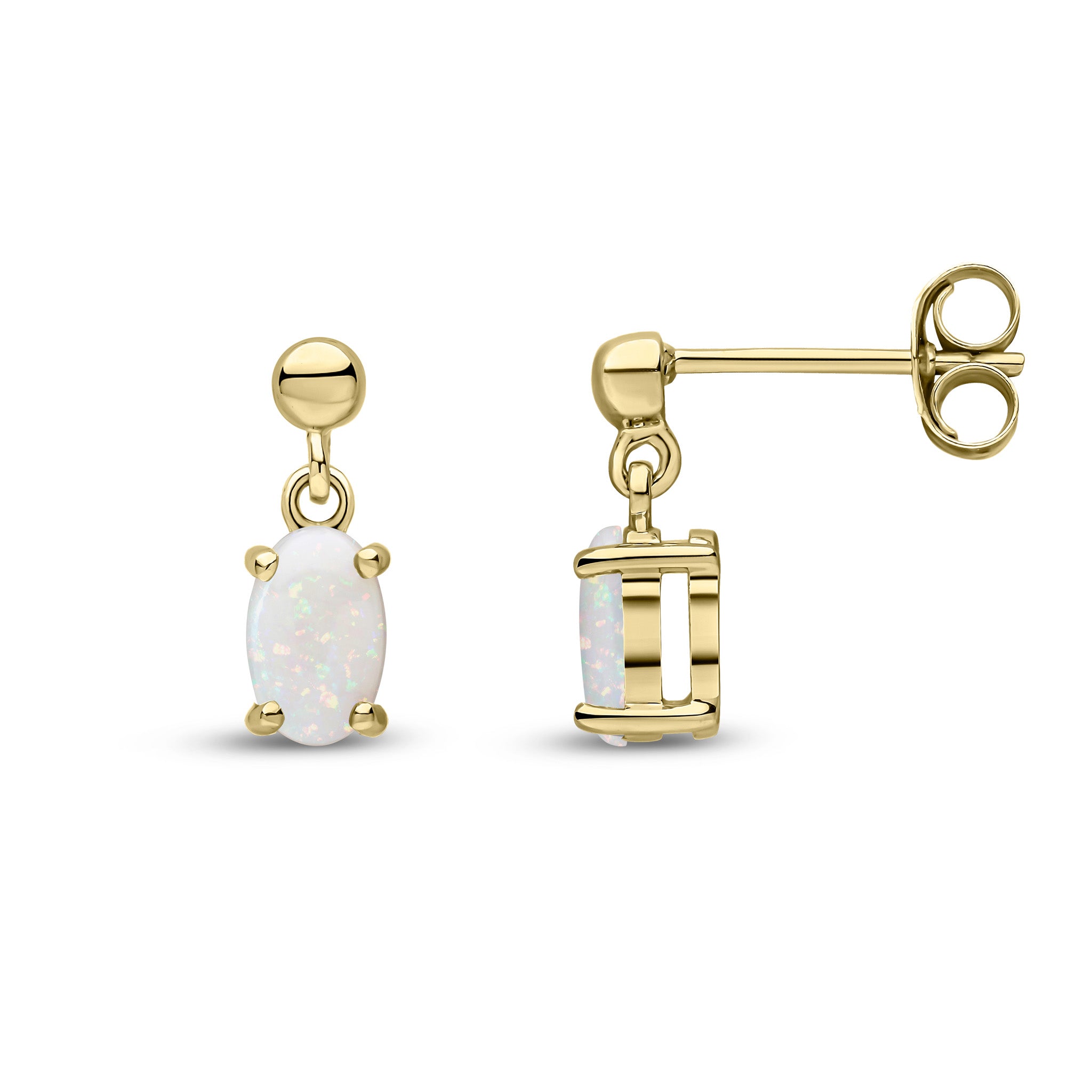 9ct Yellow Gold 6x4 Oval Opal Claw Set Drop Earrings with Bead Top